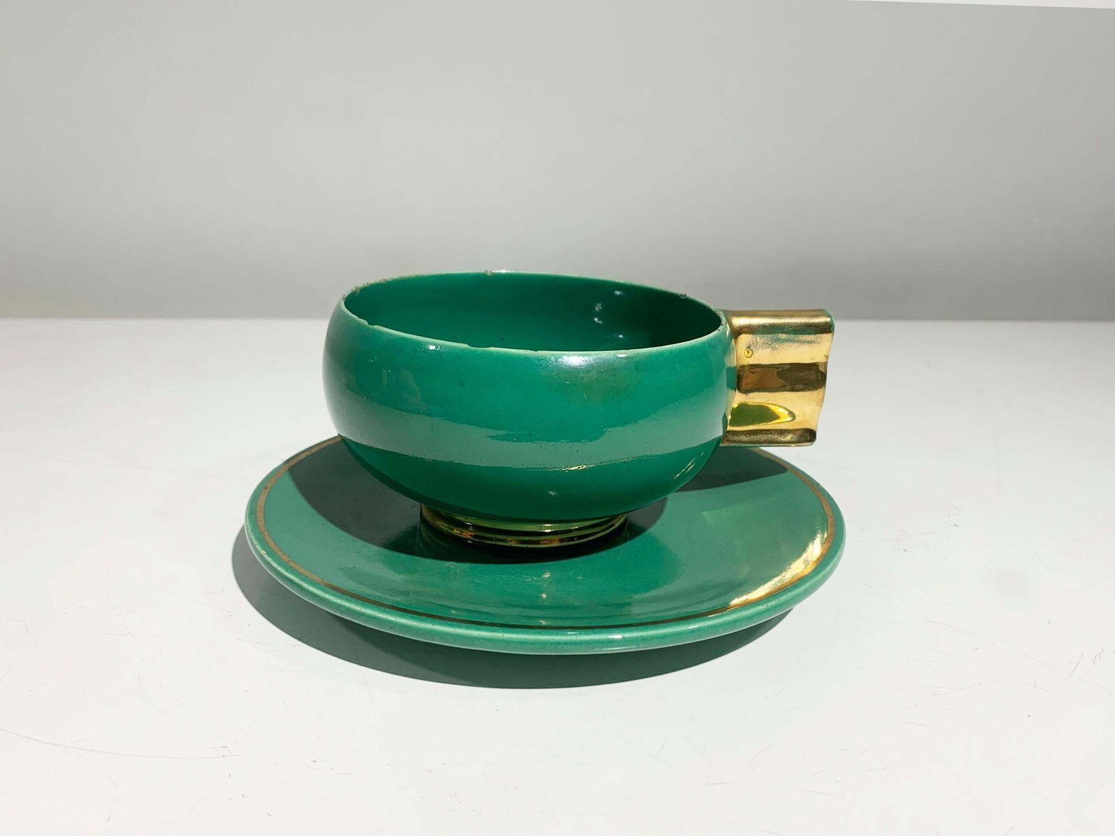 photo buy French Art Deco Tea Service Set, Gold & Green Glazed Porcelain Marked Robj Paris