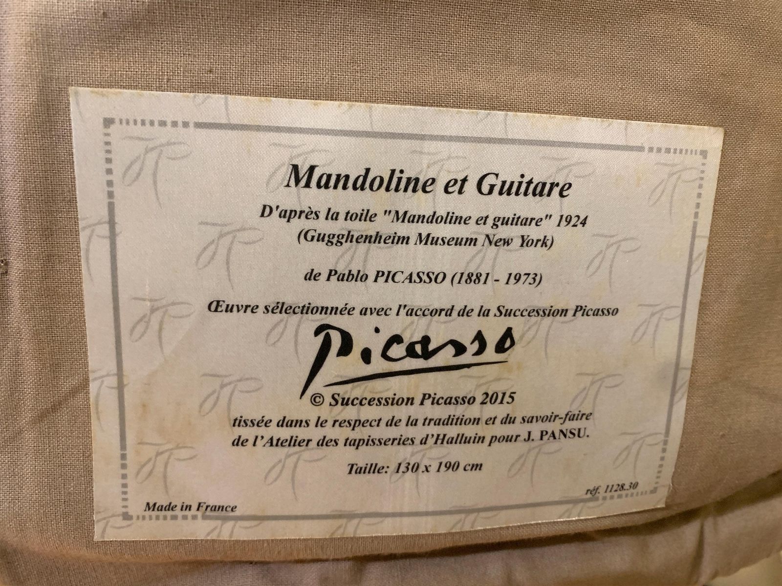 photo furniture "Mandoline Et Guitare" Tapestry, "Succession Picasso 2015" For Jules Pansu