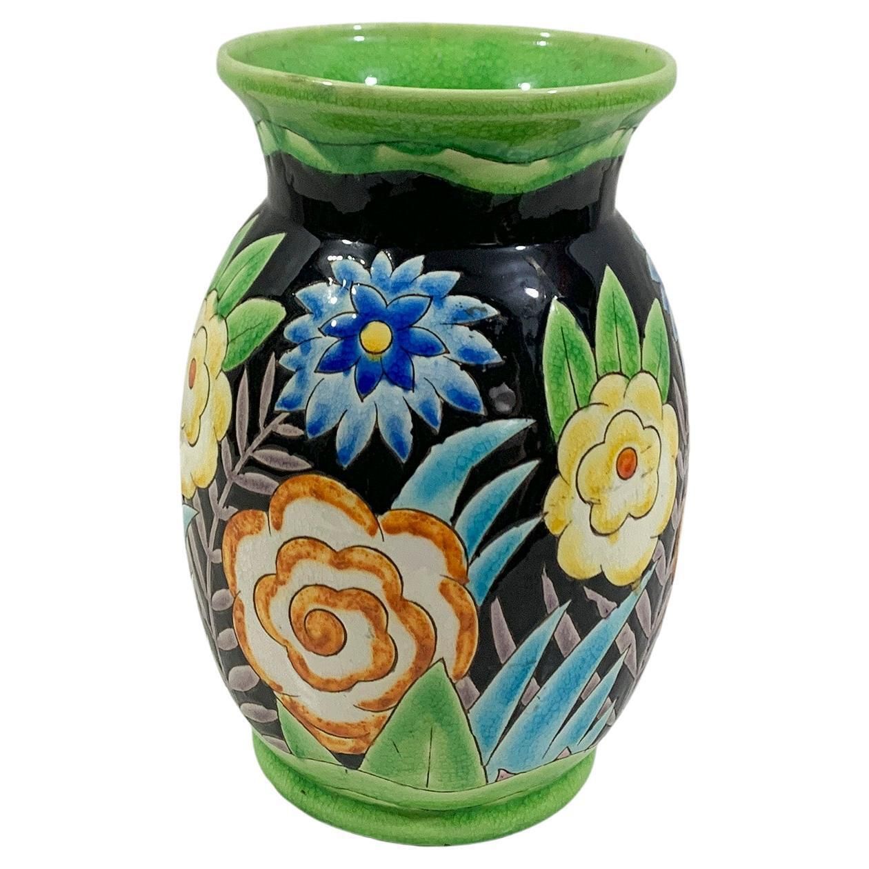 Art Deco Floral Vase By Charles Catteau Stamped "Keramis Made In Belgium" 1920s