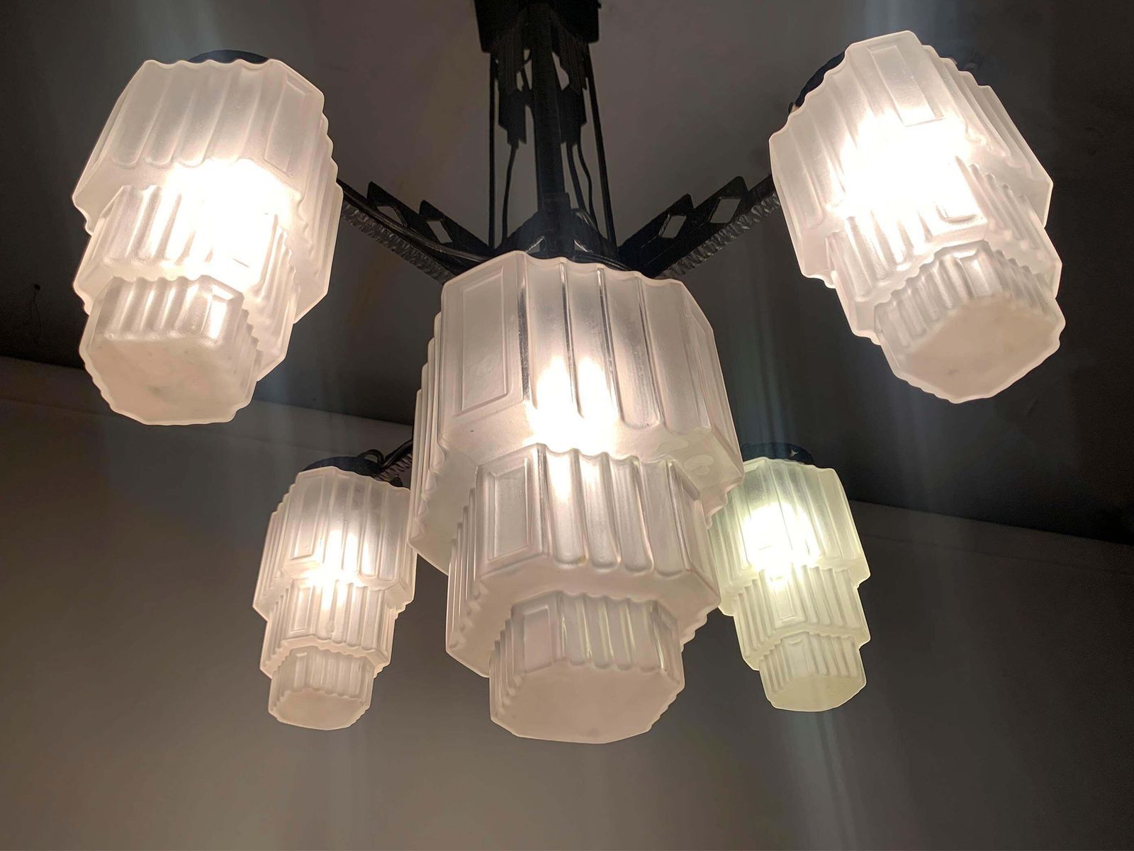 French Art Deco Skyscraper Chandelier In Wrought Iron And Glass, Circa 1920's photo vinterior