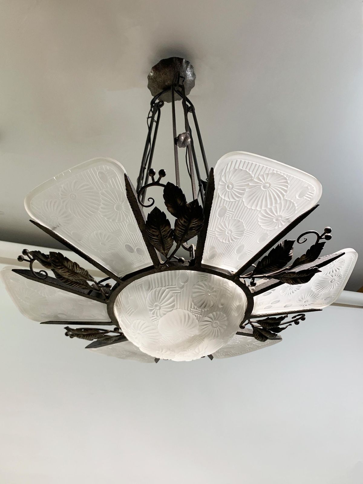 French Art Deco Chandelier In Wrought Iron And Press Molded Glass, Circa 1930's photo furniture