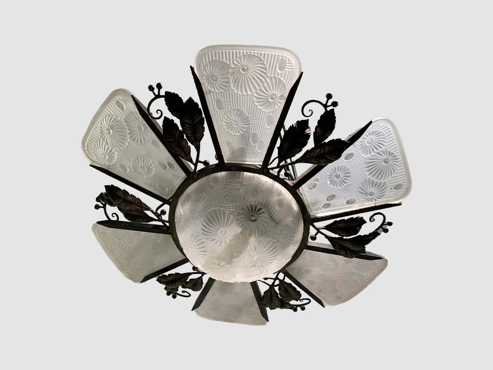 French Art Deco Chandelier In Wrought Iron And Press Molded Glass, Circa 1930's photo for sale
