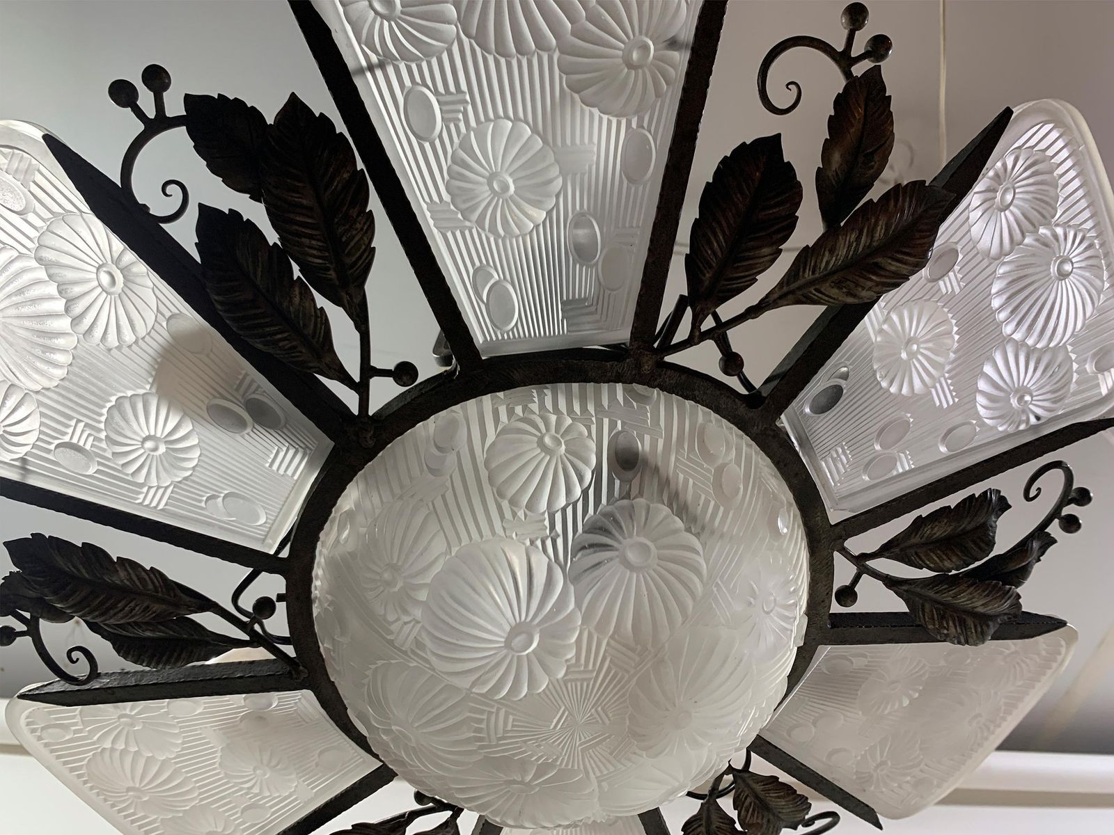 French Art Deco Chandelier In Wrought Iron And Press Molded Glass, Circa 1930's photo Lighting
