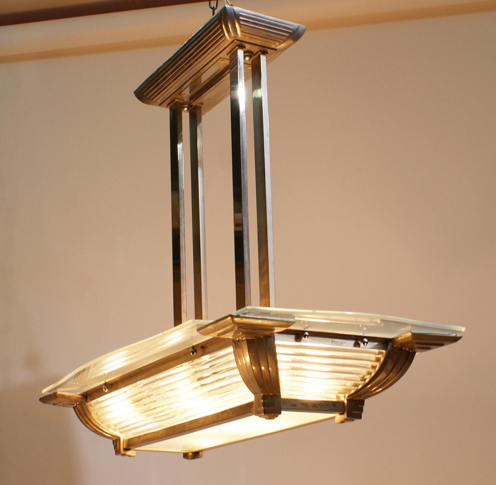 Art Deco Modernist Chandelier In Nickel Plated Bronze photo for sale