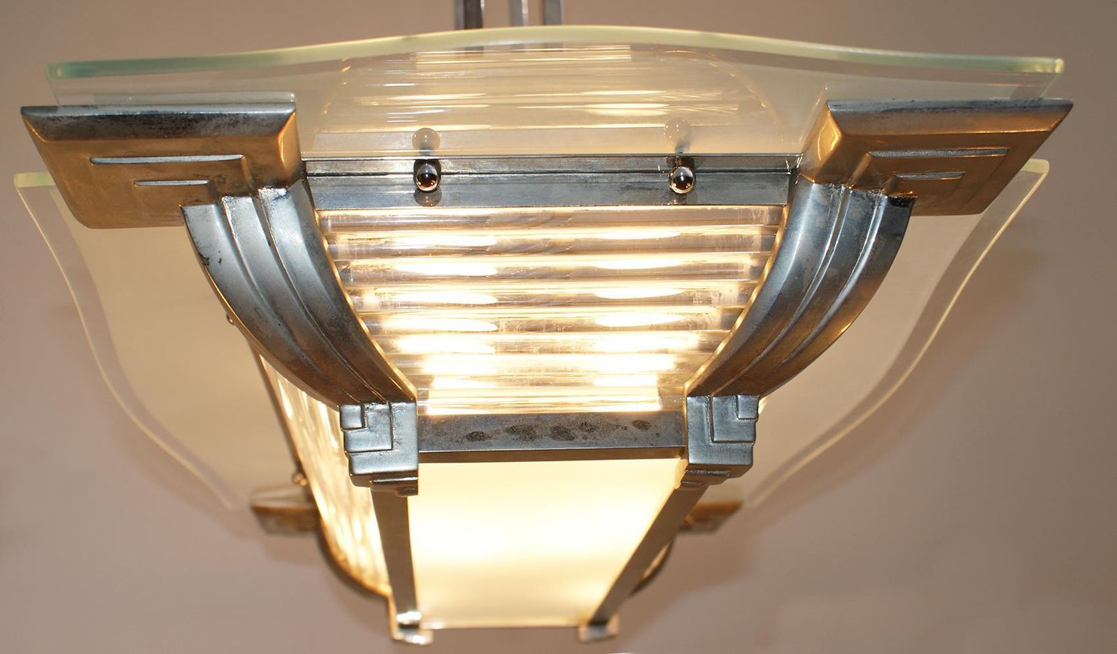 Art Deco Modernist Chandelier In Nickel Plated Bronze photo vinterior