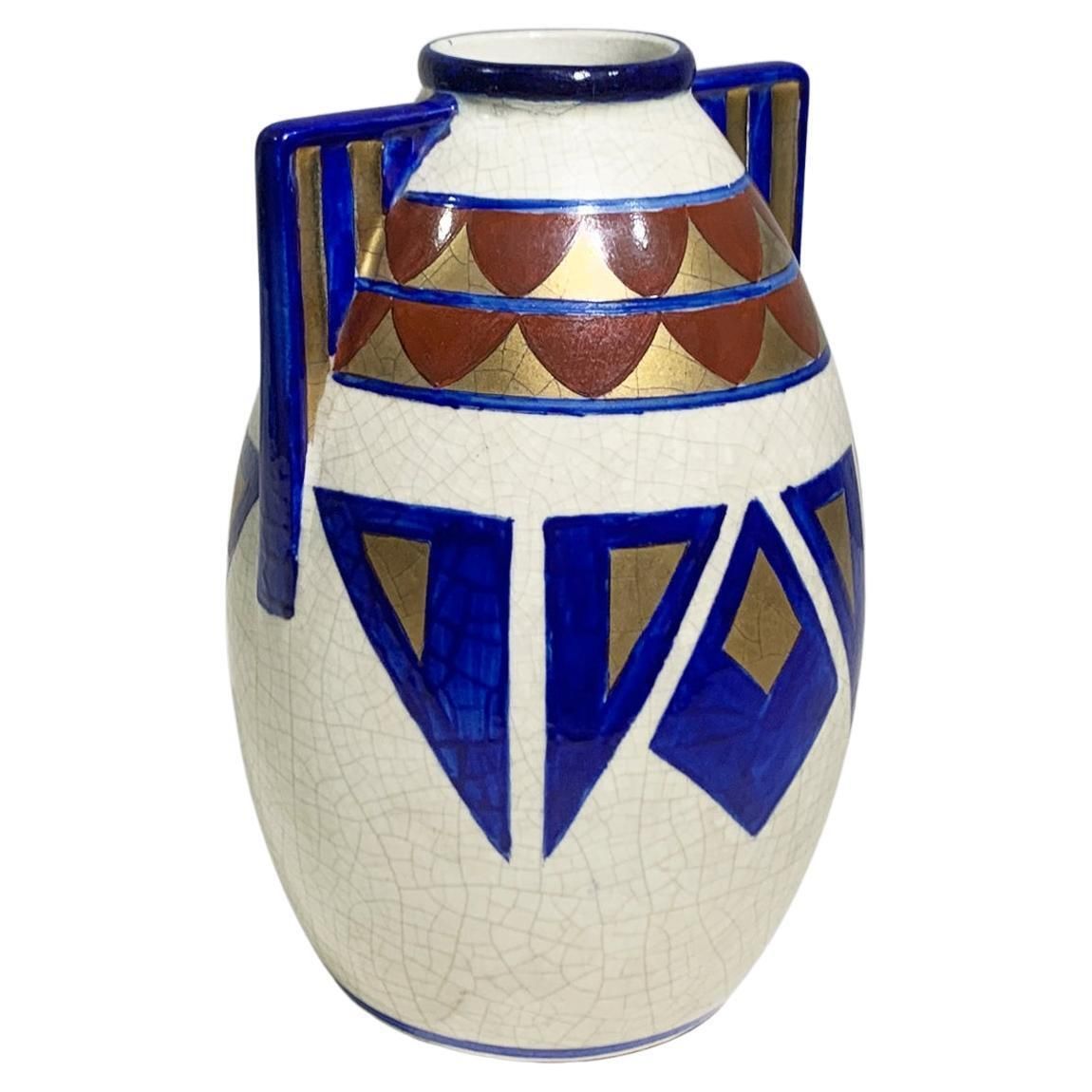 Art Deco Hand Painted Vase, Geometric Motifs, France