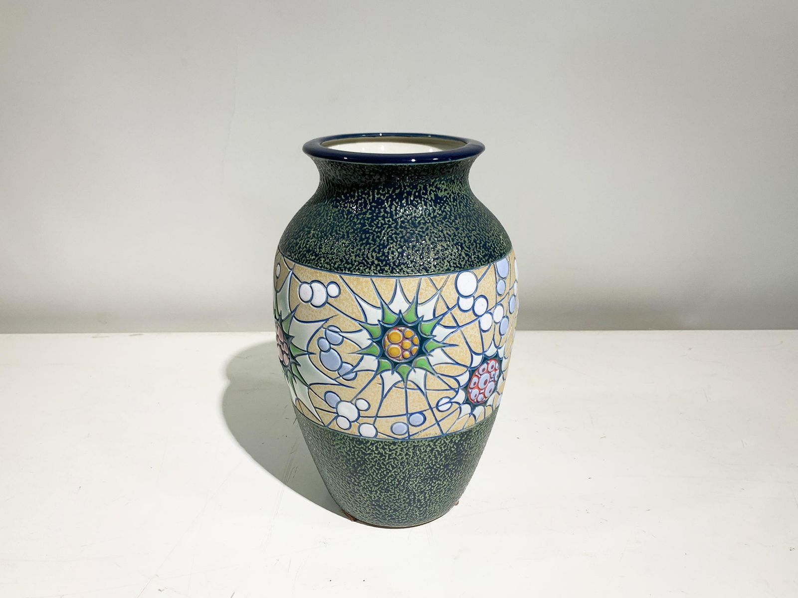 Hand Painted Ceramic Vase  Floral Motif/Textured Finish, Signed,  Circa 1930's photo 1962.0