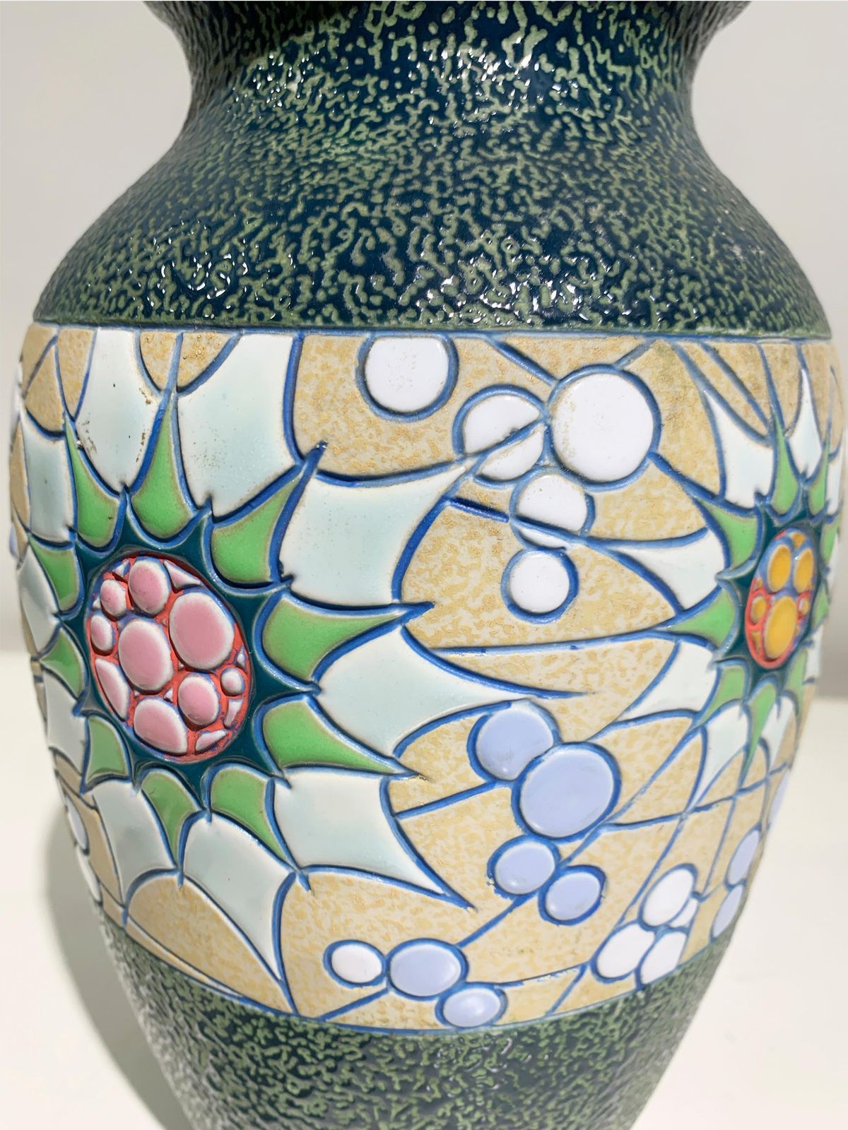 Hand Painted Ceramic Vase  Floral Motif/Textured Finish, Signed,  Circa 1930's photo buy