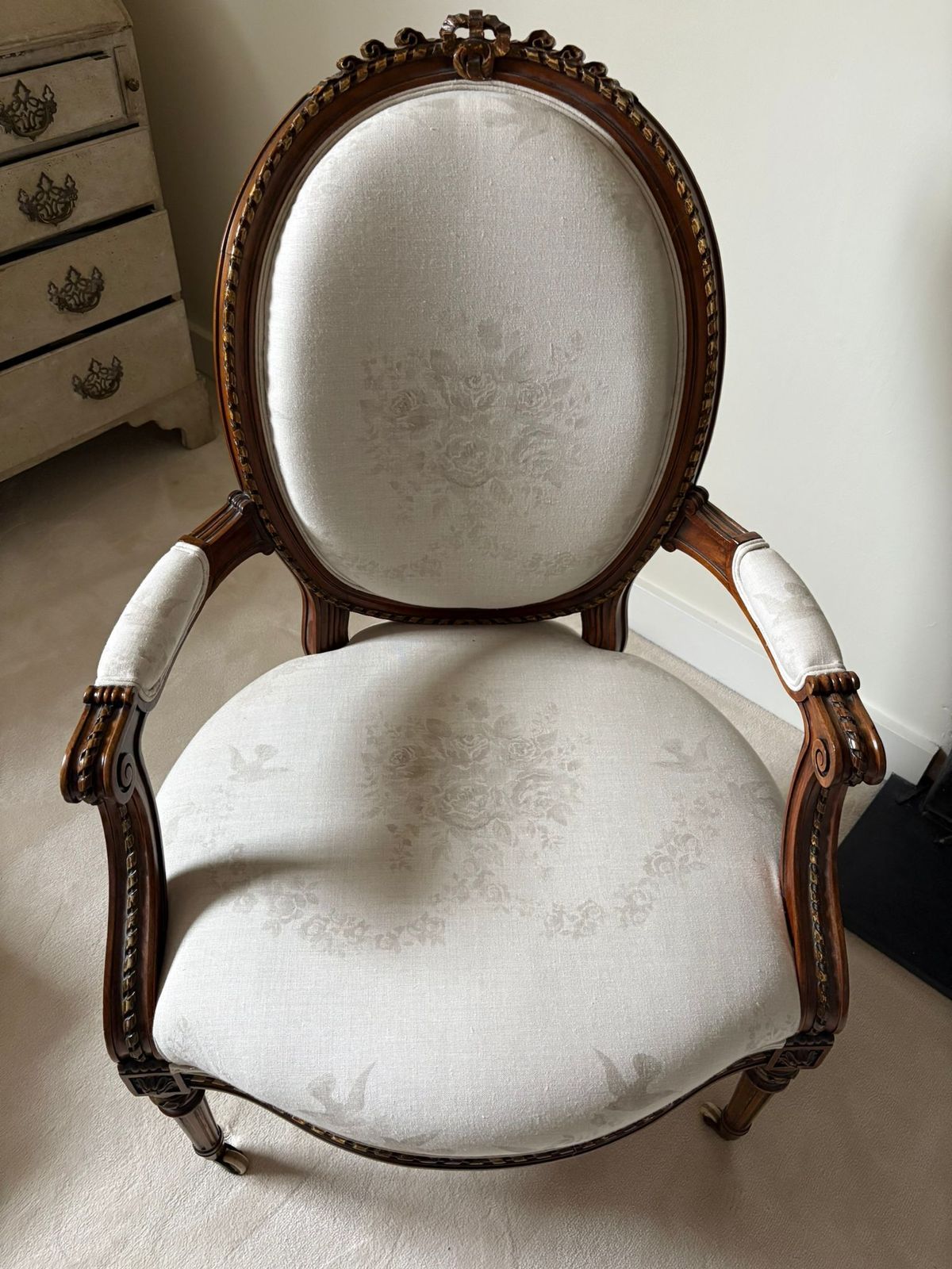Reupholstered Antique 19c Armchair In Kate Foreman Linen photo for sale