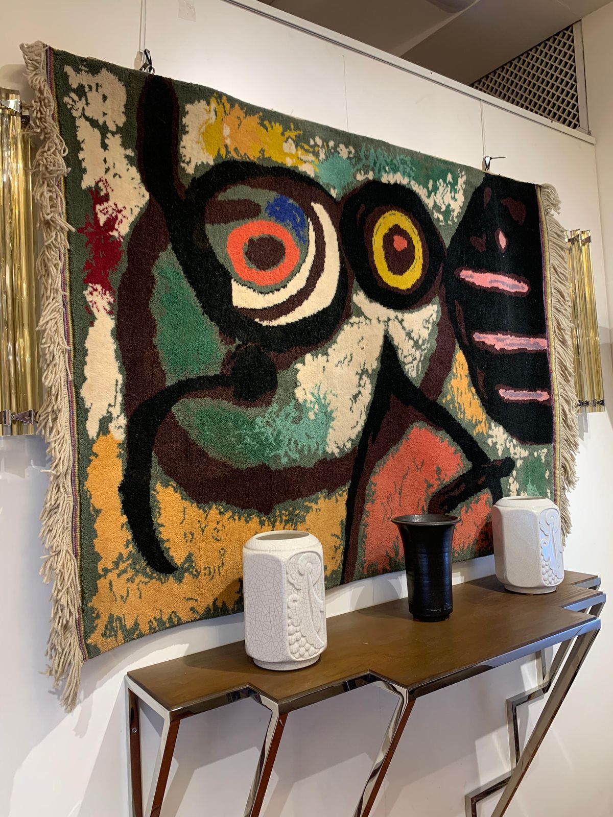 Vintage Mid Century Hand Knotted Wool Tapestry “Femme Et Oiseaux” By Joan Miro photo vinterior