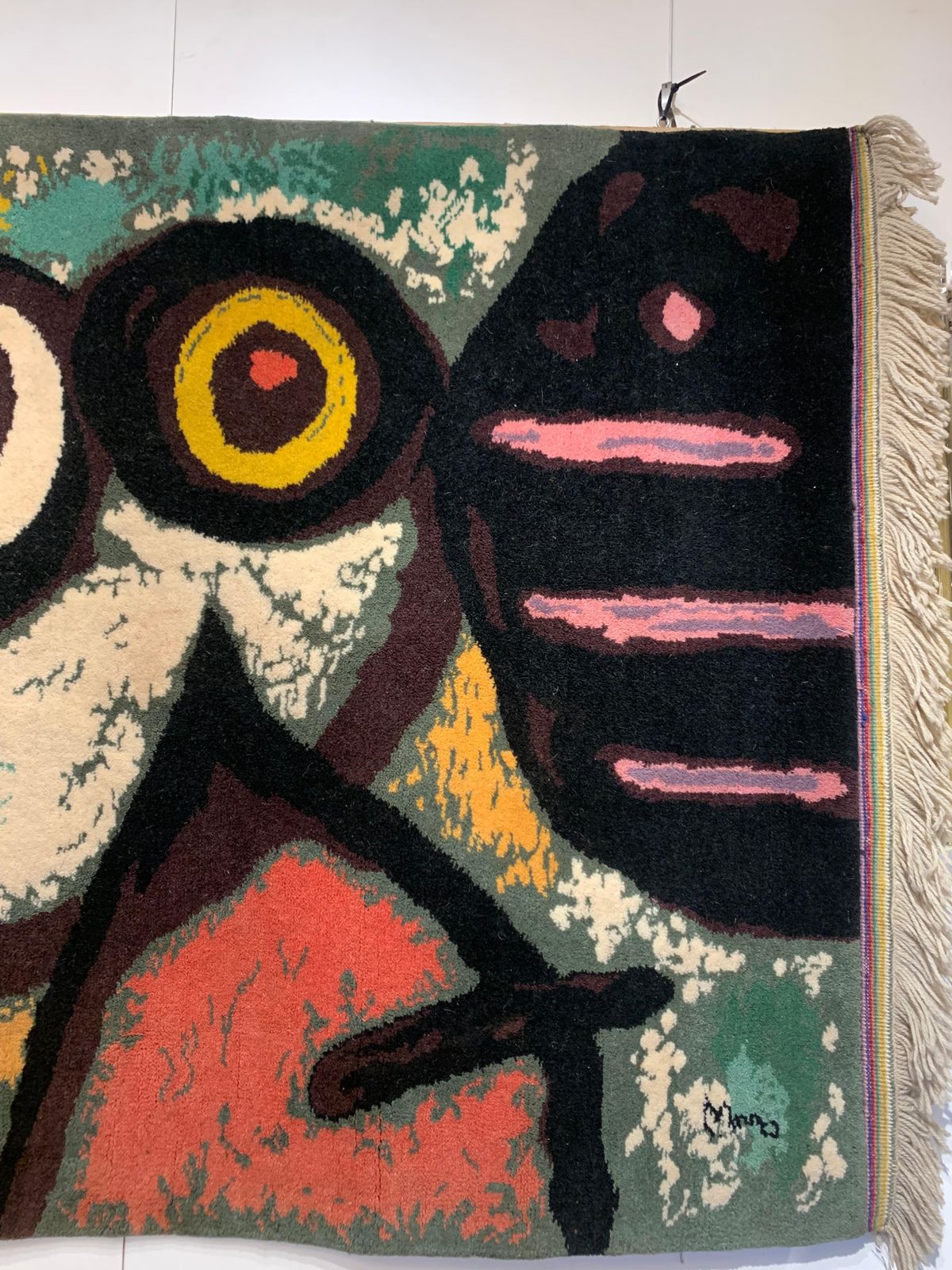 Art Vintage Mid Century Hand Knotted Wool Tapestry “Femme Et Oiseaux” By Joan Miro photo