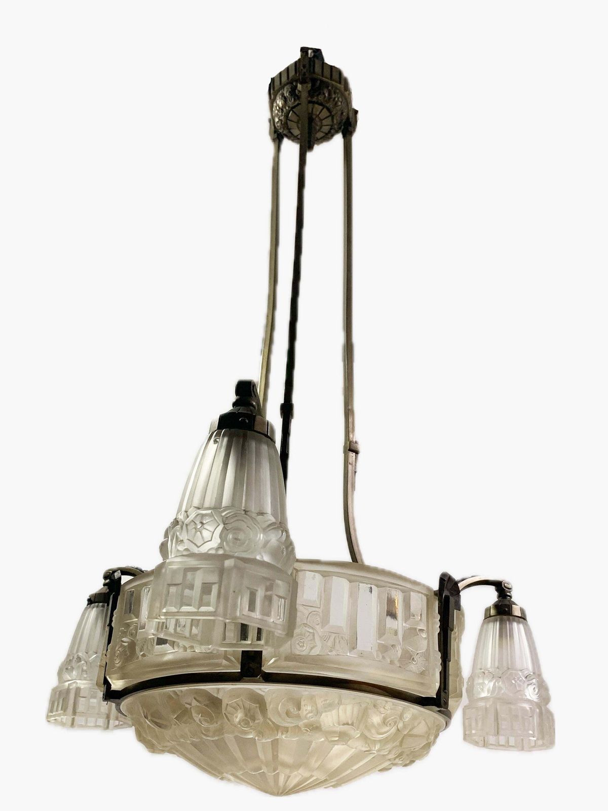 Art Déco Chandelier, Yellow Bronze & Press Molded Glass By Marius Ernest Sabino photo for sale