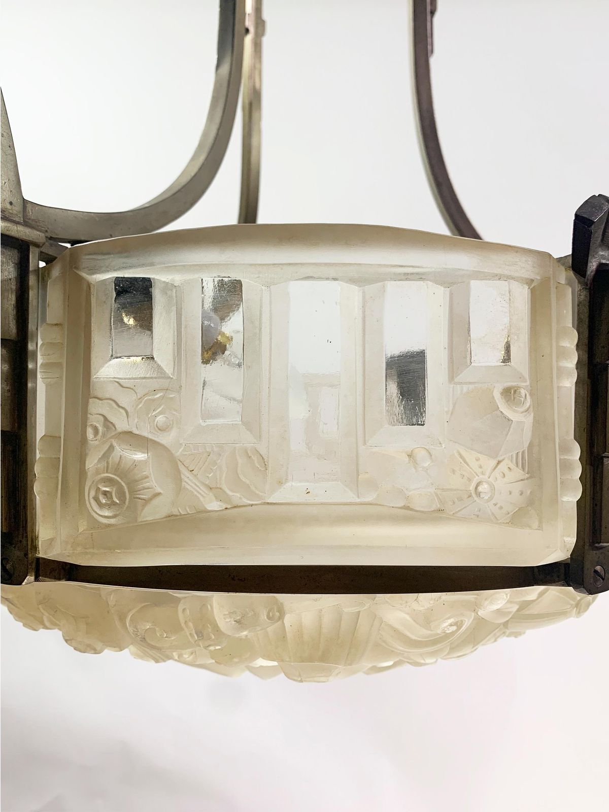 Art Déco Chandelier, Yellow Bronze & Press Molded Glass By Marius Ernest Sabino photo 16956.0
