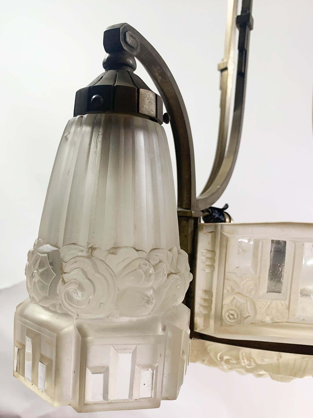 Art Déco Chandelier, Yellow Bronze & Press Molded Glass By Marius Ernest Sabino photo vintage