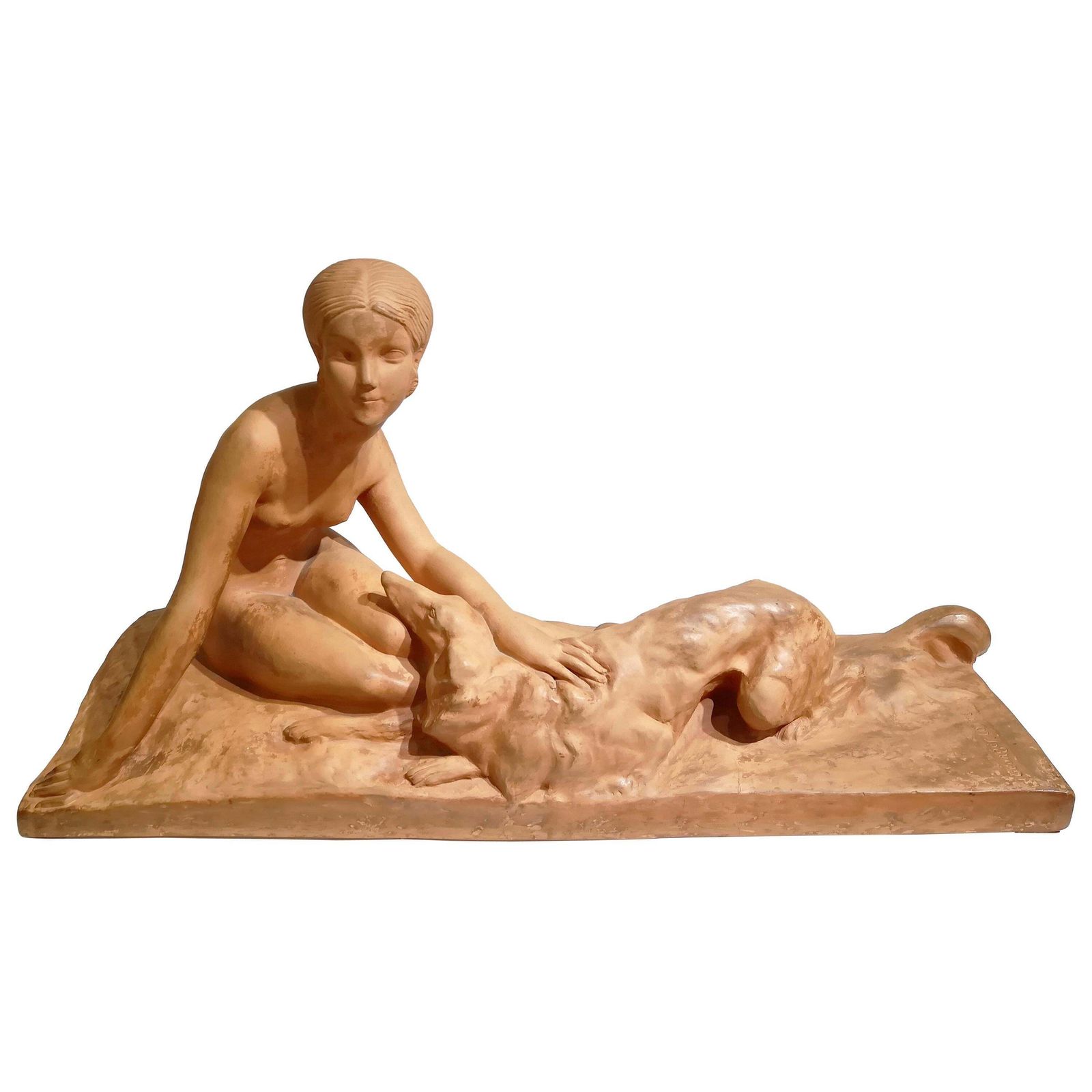 Art Deco Terracotta Sculpture Of A Woman With Her Borzoi Signed Georges Coste