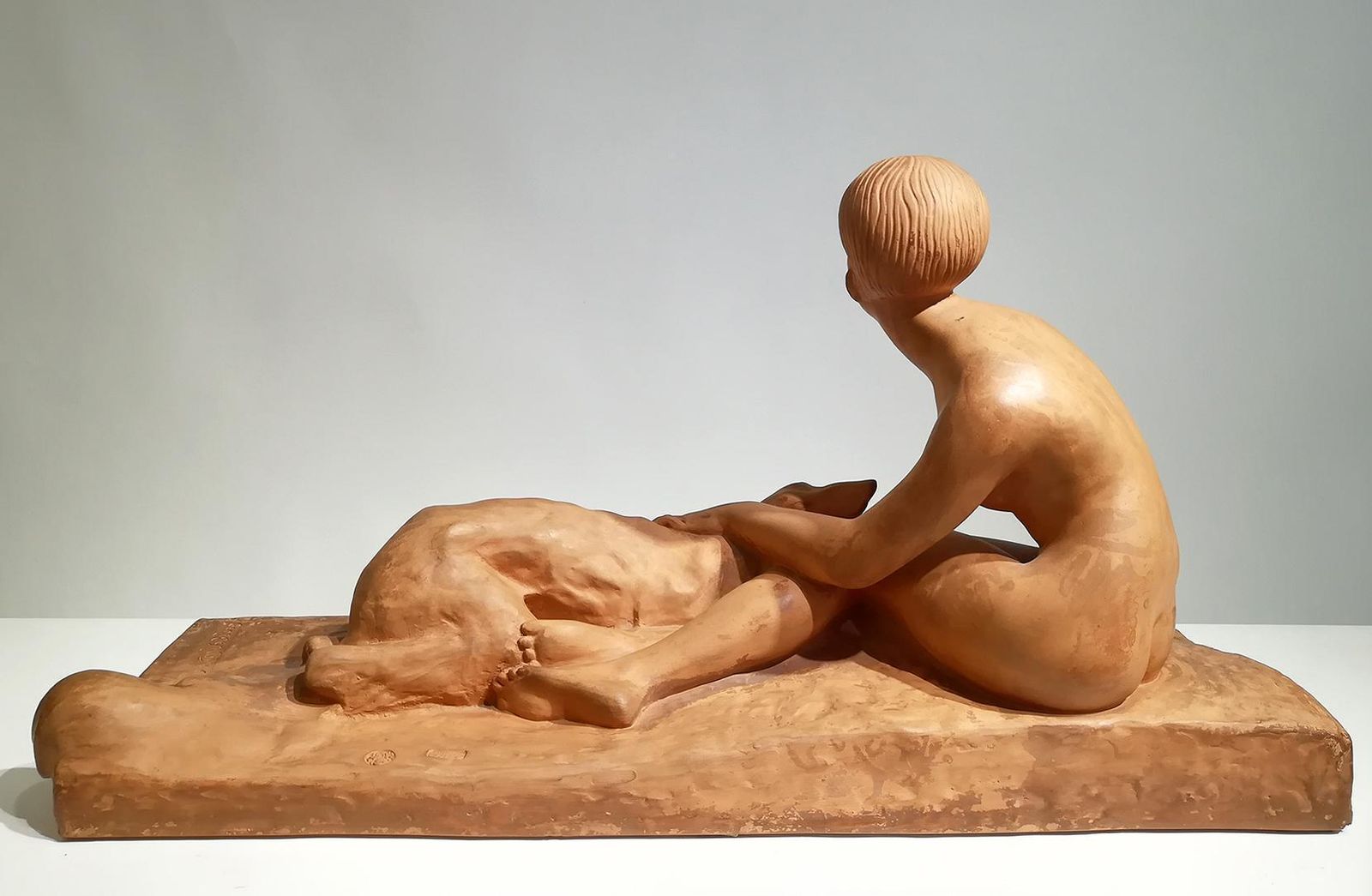 Art Deco Terracotta Sculpture Of A Woman With Her Borzoi Signed Georges Coste photo vinterior