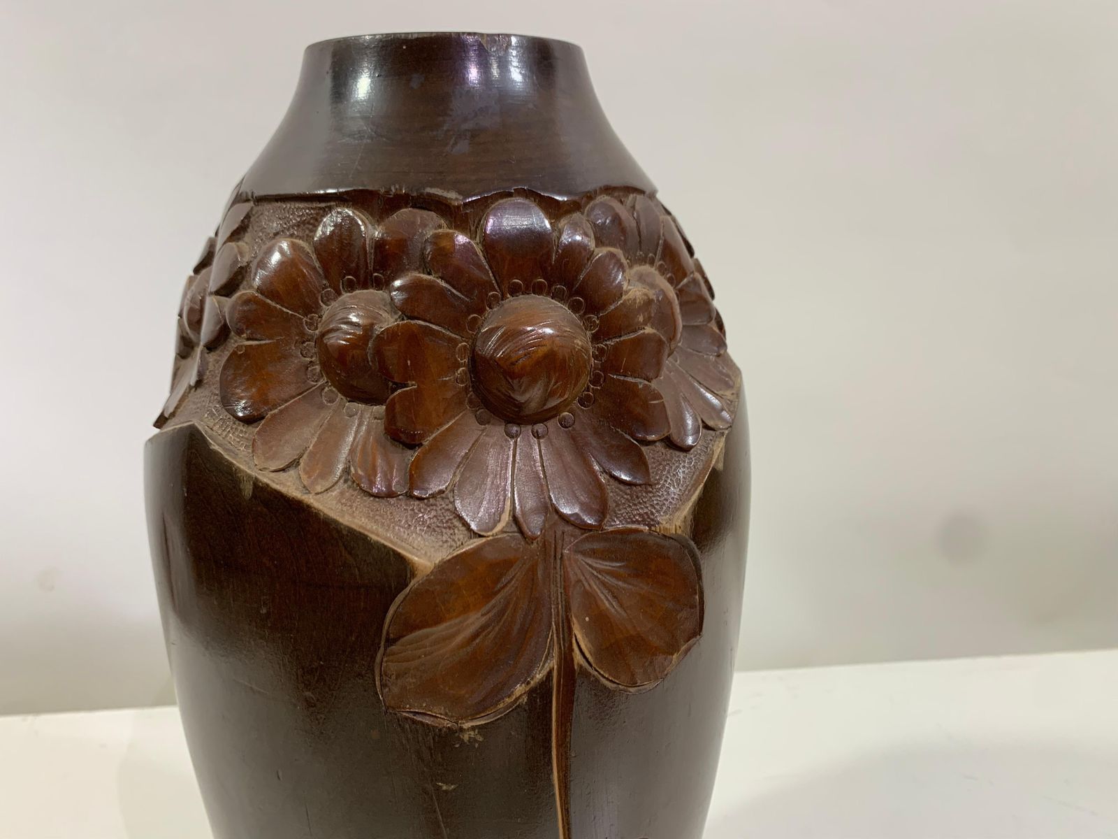 Mid   20th Century Vintage Hand Carved Wooden Vase 1 Signed Dupia photo vinterior