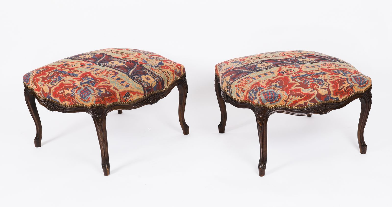 Pair Large French Louis XIV Revival Walnut Stools Circa 1880 19th C