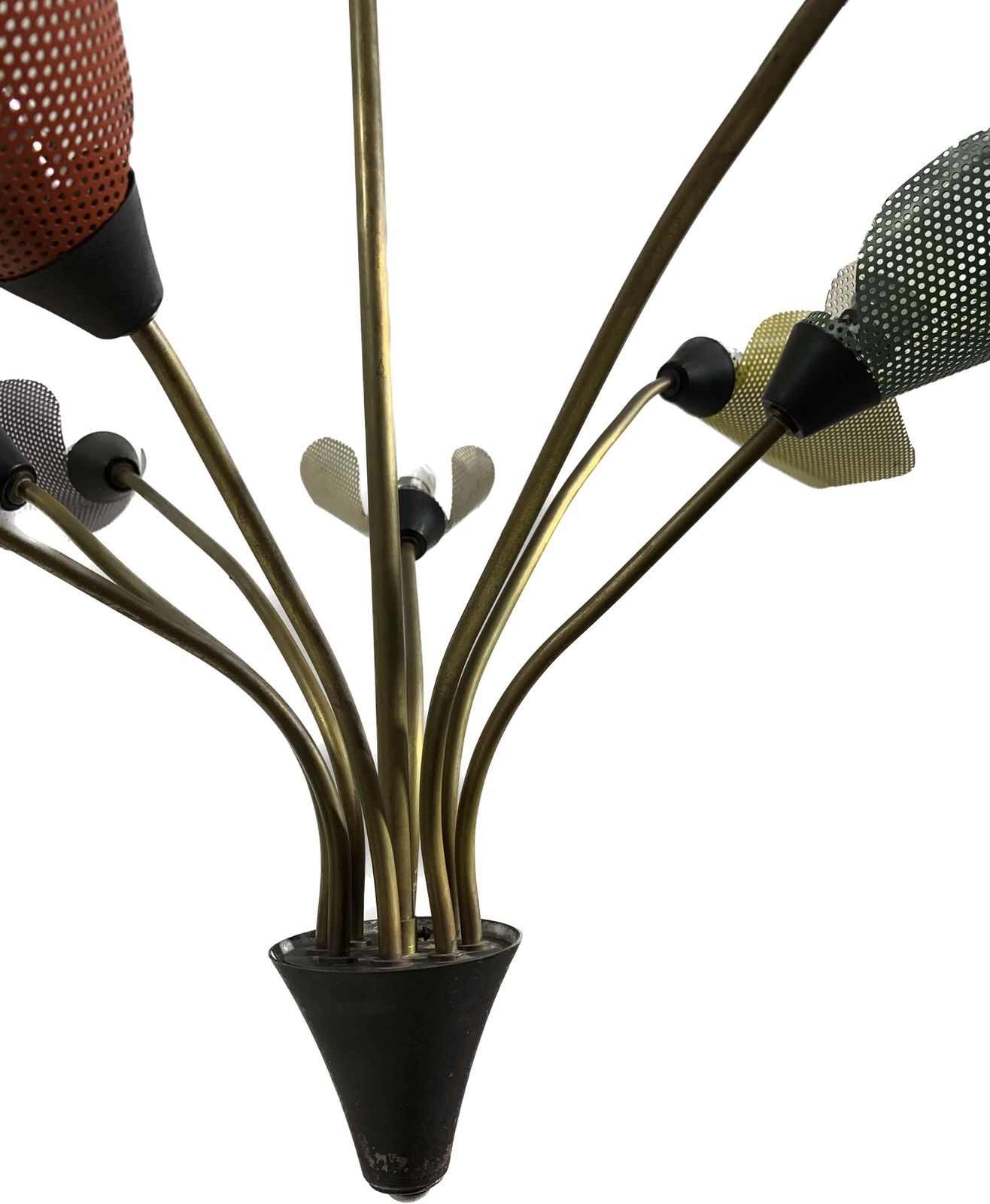Midcentury Bronze European Chandelier With Perforated Metal Tulips photo for sale