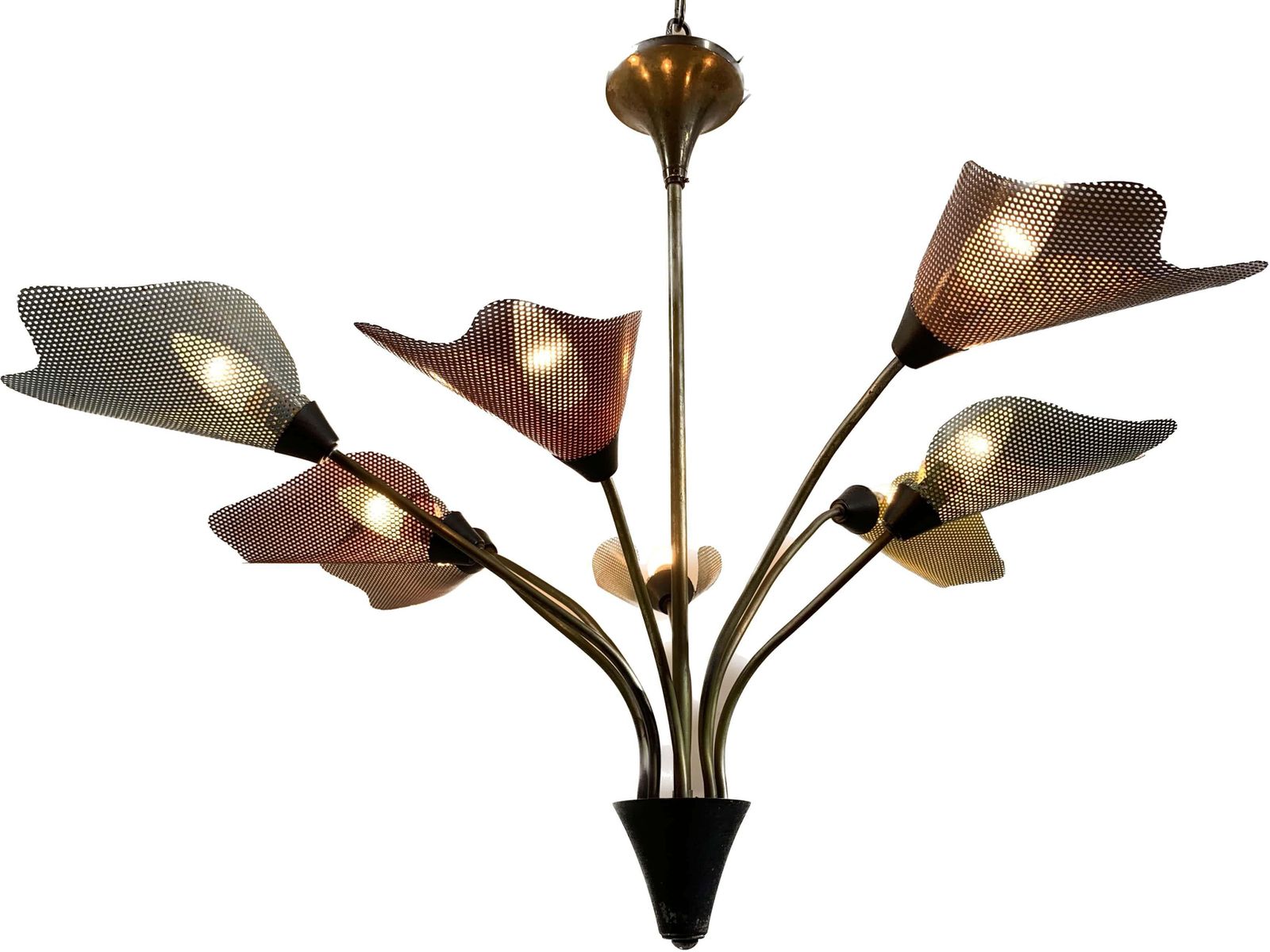 Midcentury Bronze European Chandelier With Perforated Metal Tulips photo vinterior