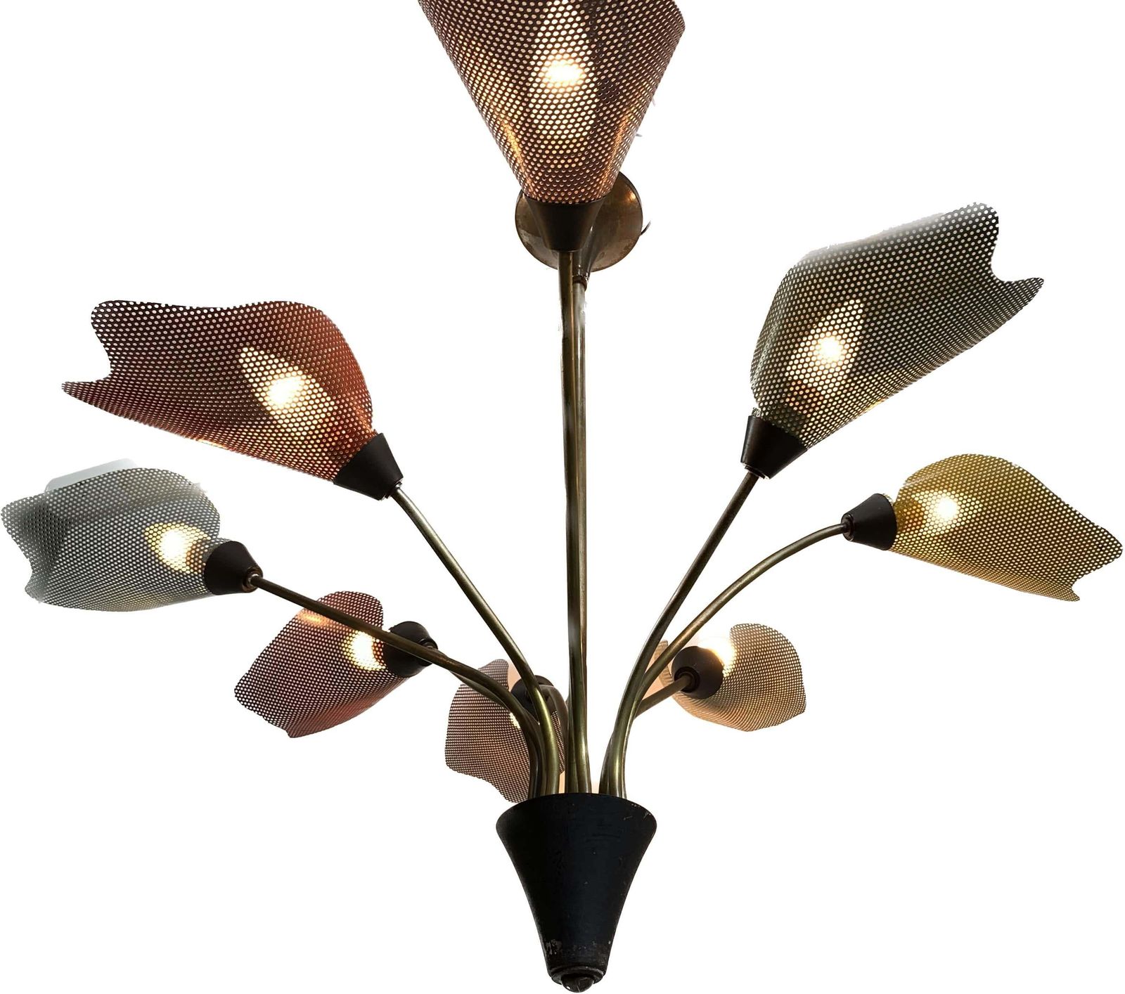 photo vinterior Midcentury Bronze European Chandelier With Perforated Metal Tulips