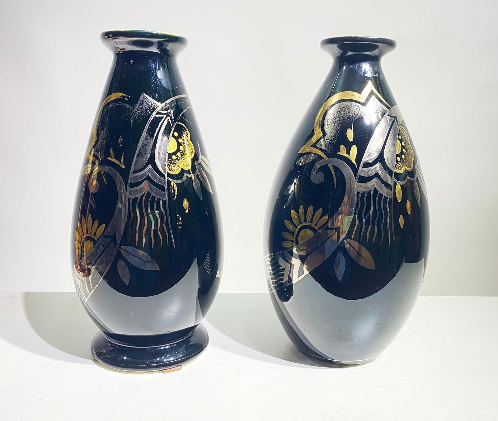 Pair Of Art Deco Ceramic Vases Black Silver And Gold Boch Frères, Belgium, 1931 photo furniture