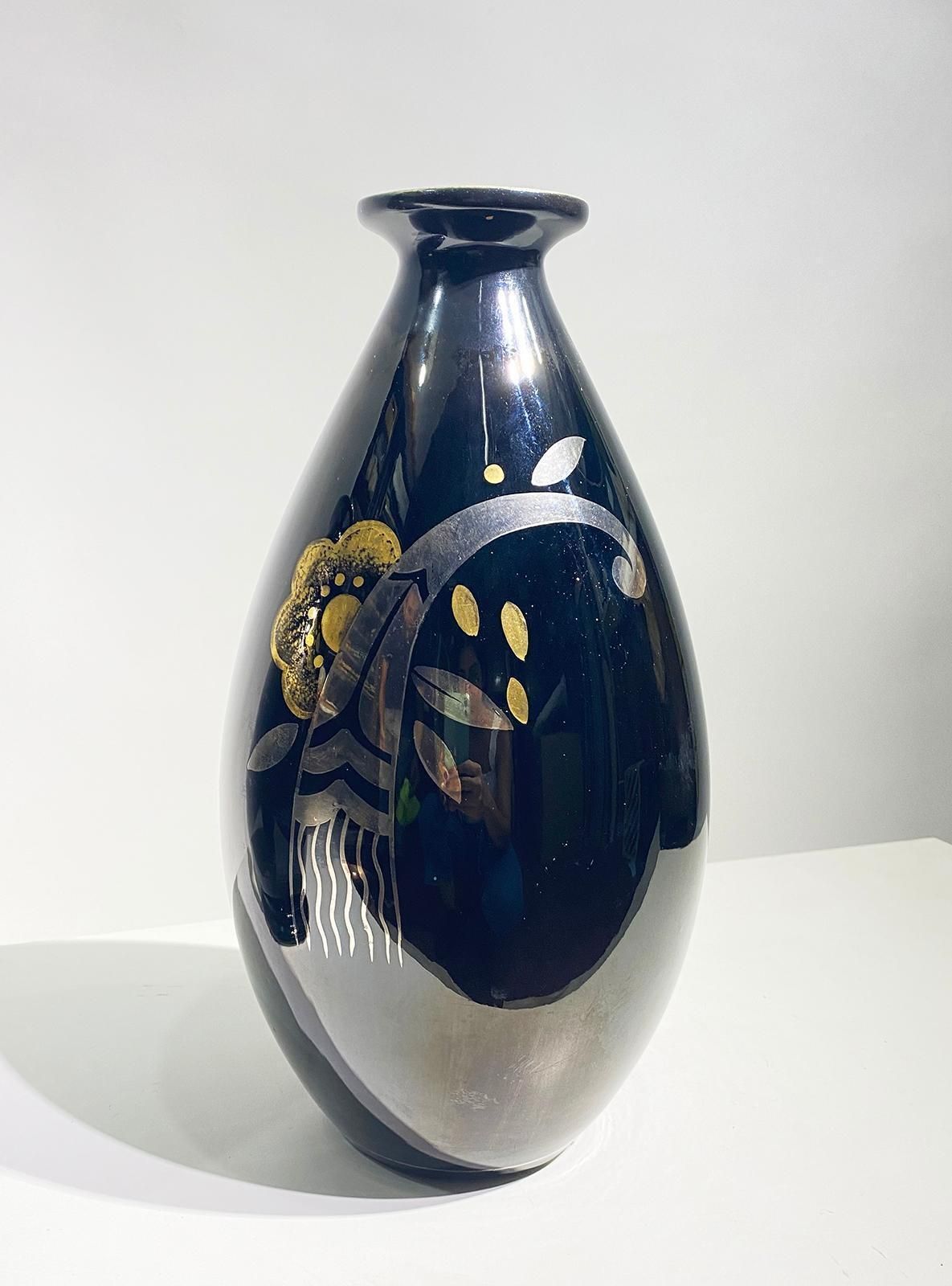 Pair Of Art Deco Ceramic Vases Black Silver And Gold Boch Frères, Belgium, 1931 photo Home Decor