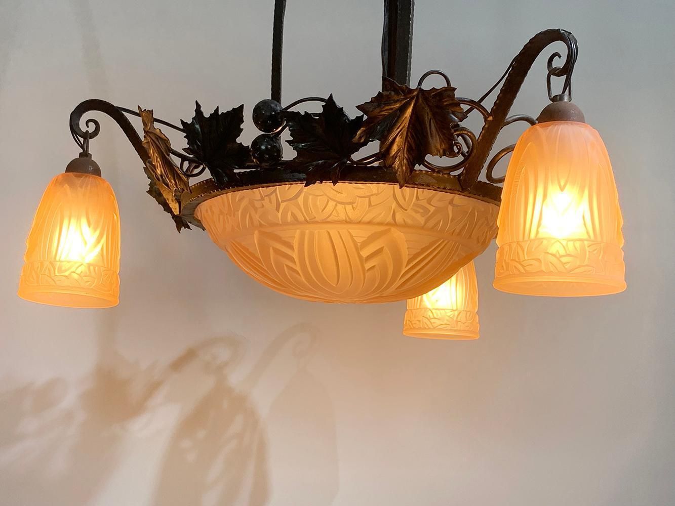French Art Deco Wrought Iron Chandelier By Schneider photo furniture