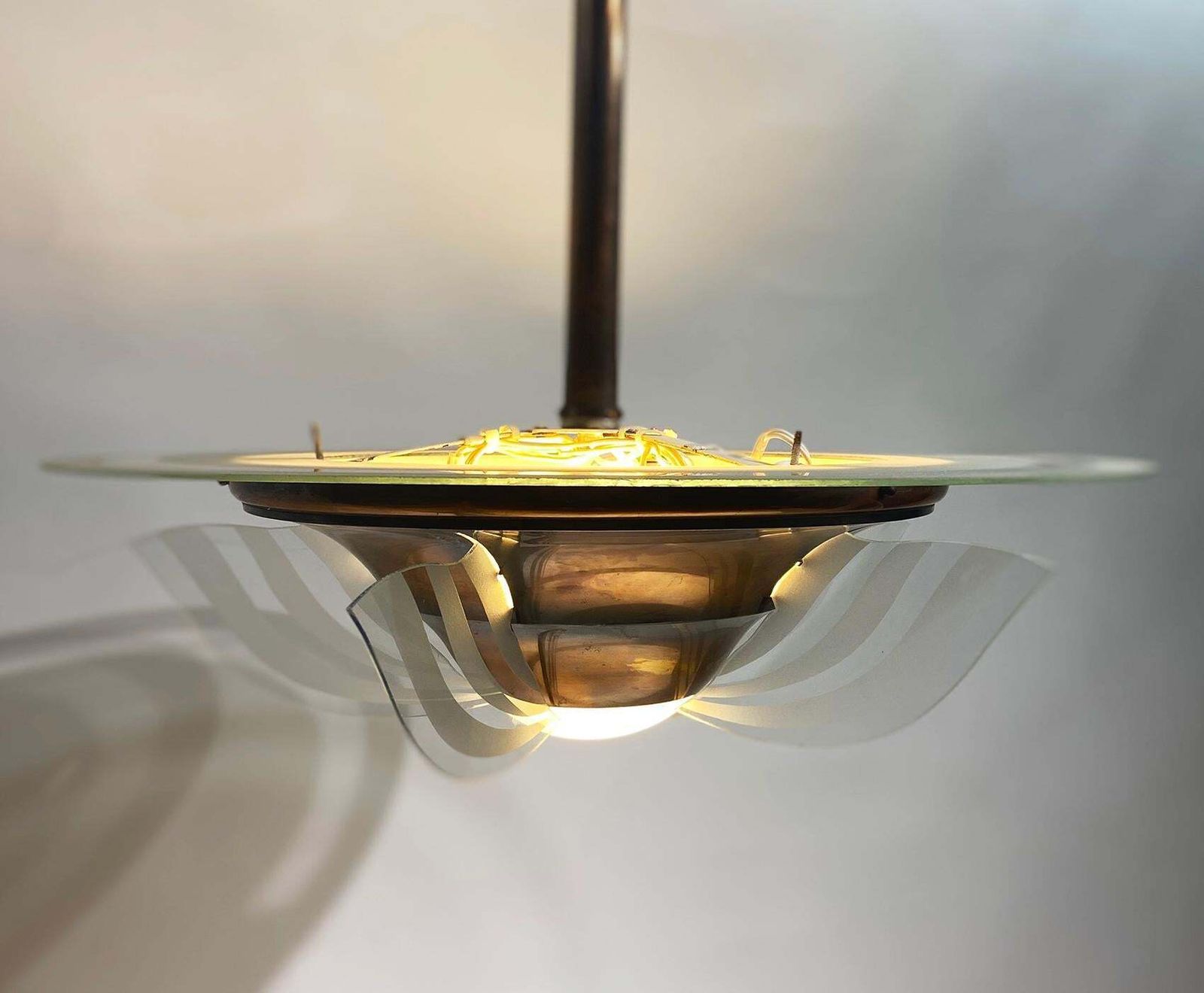 1930s French Art Deco Modernist Brass And Glass Chandelier By Petitot photo vintage