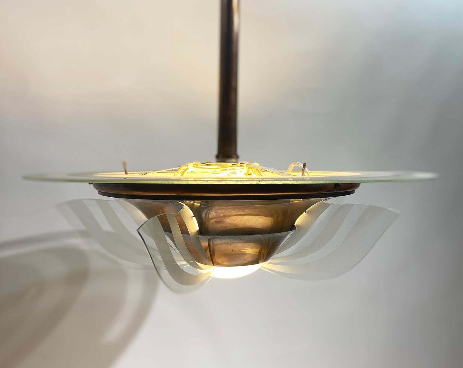 photo furniture 1930s French Art Deco Modernist Brass And Glass Chandelier By Petitot