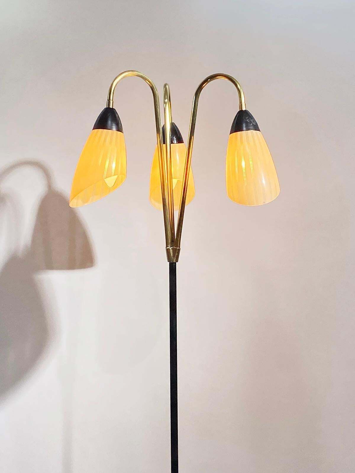 French Brass And Black Metal Floor Lamp With 3 Glass Lights, 1950s photo furniture