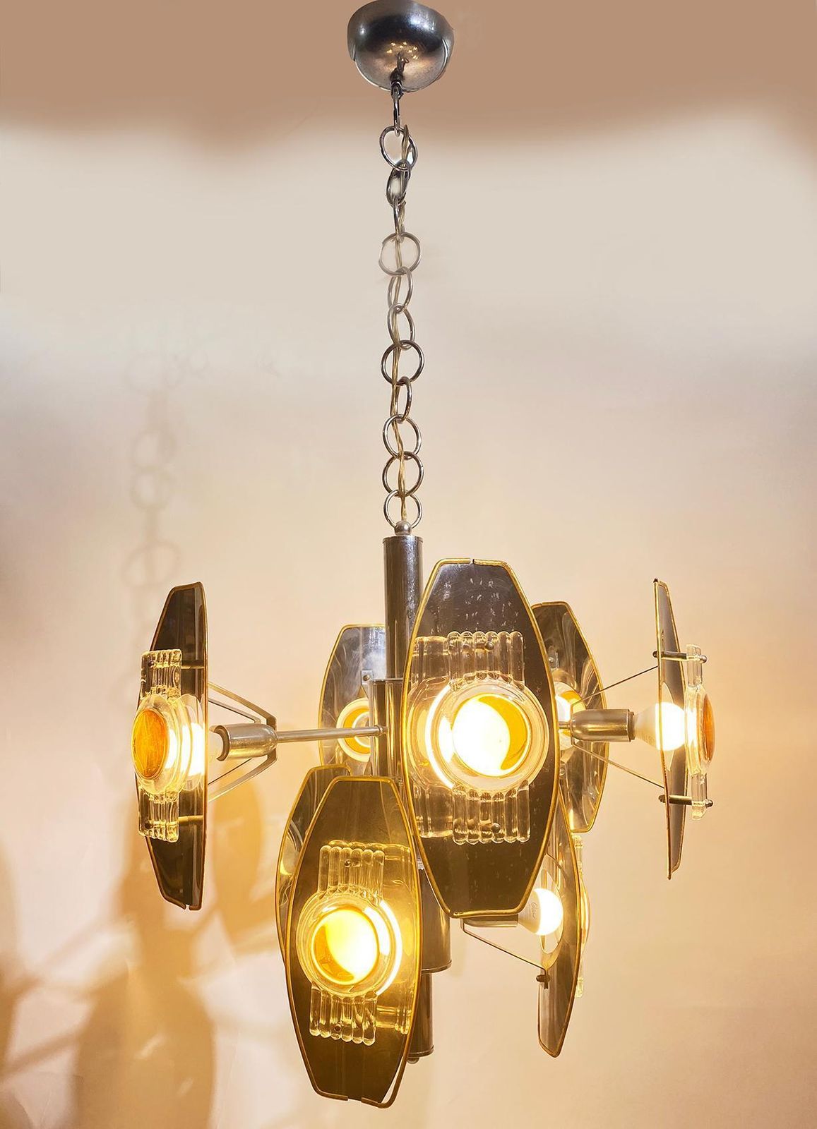 Oscar Torlasco Impressive Chrome And Glass Lens Chandelier, Italy, 1960 photo furniture