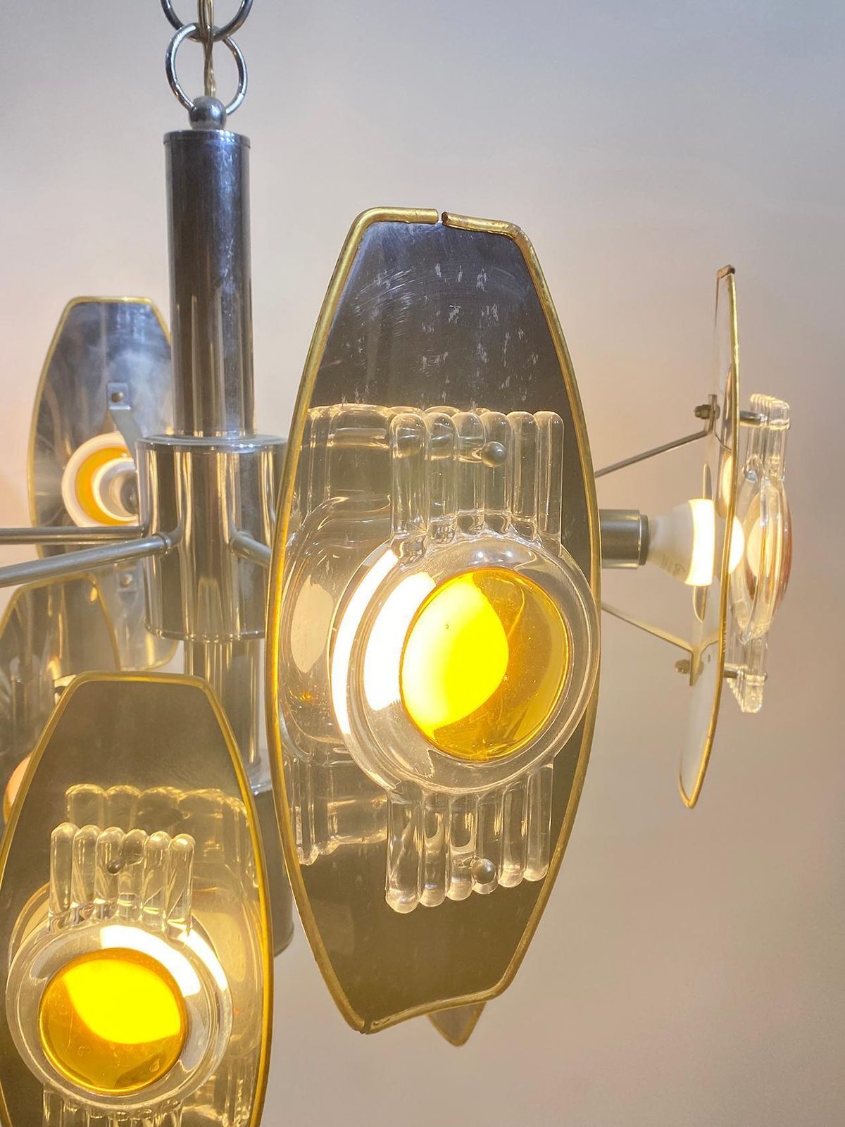 Oscar Torlasco Impressive Chrome And Glass Lens Chandelier, Italy, 1960 photo buy