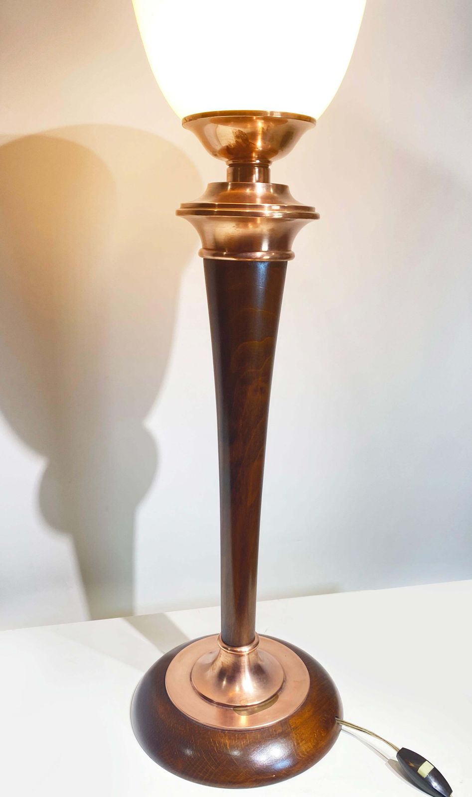 Original Art Deco "Mazda" Table Lamp, Copper And Wood, France Circa 1930 photo for sale