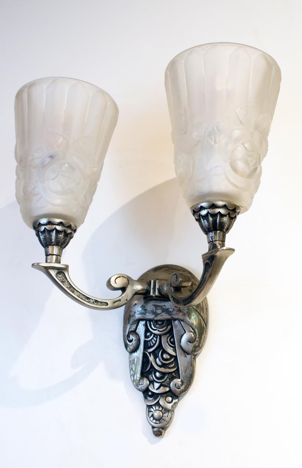Elegant Pair Of Double Light Art Deco Wall Sconces Signed "Degué", France, 1935 photo for sale