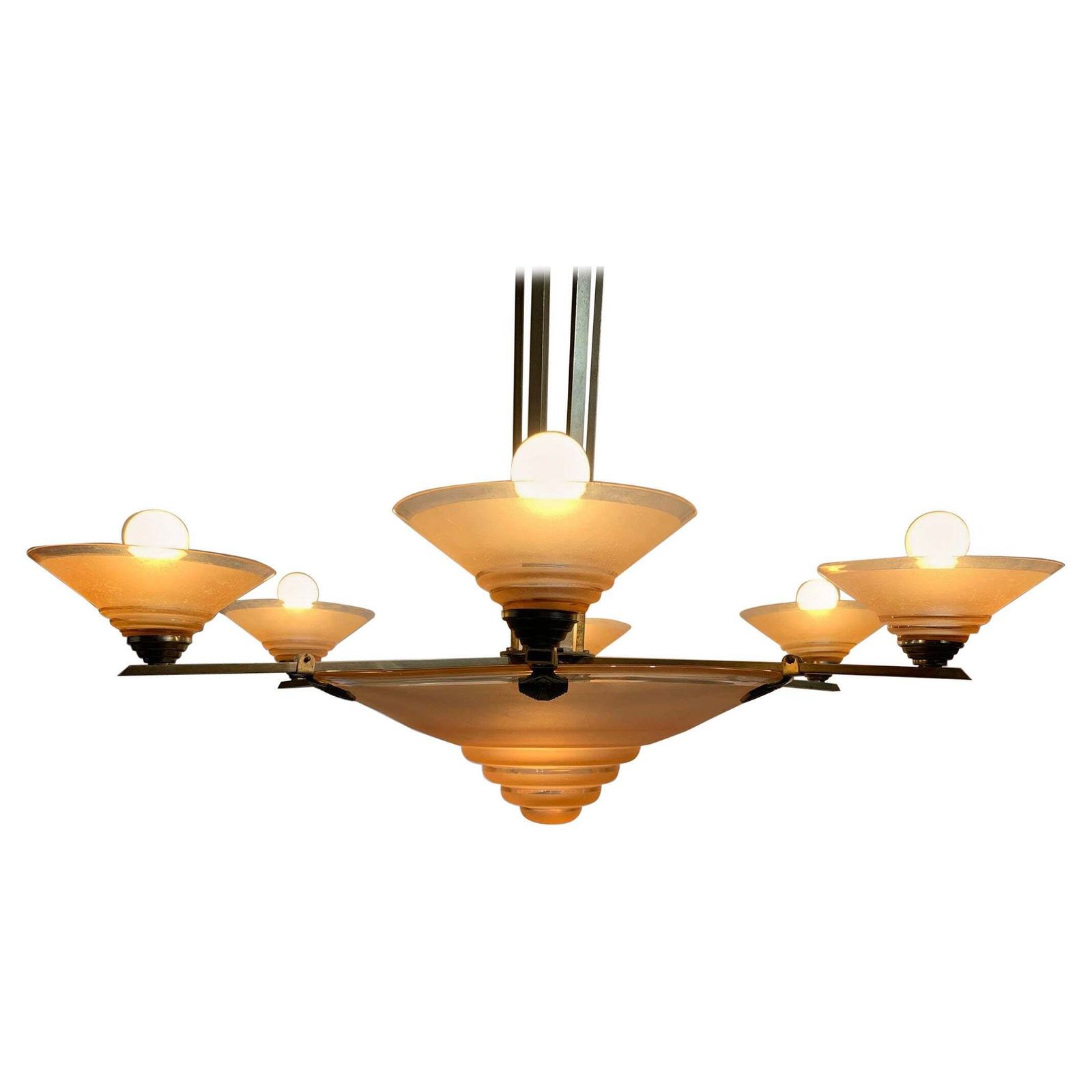 French Pink Art Deco Chandelier By H.Petitot Circa 1935