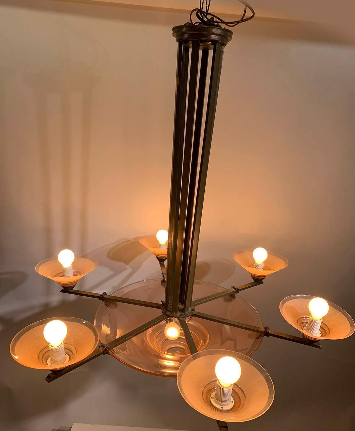 French Pink Art Deco Chandelier By H.Petitot Circa 1935 photo 5244.0