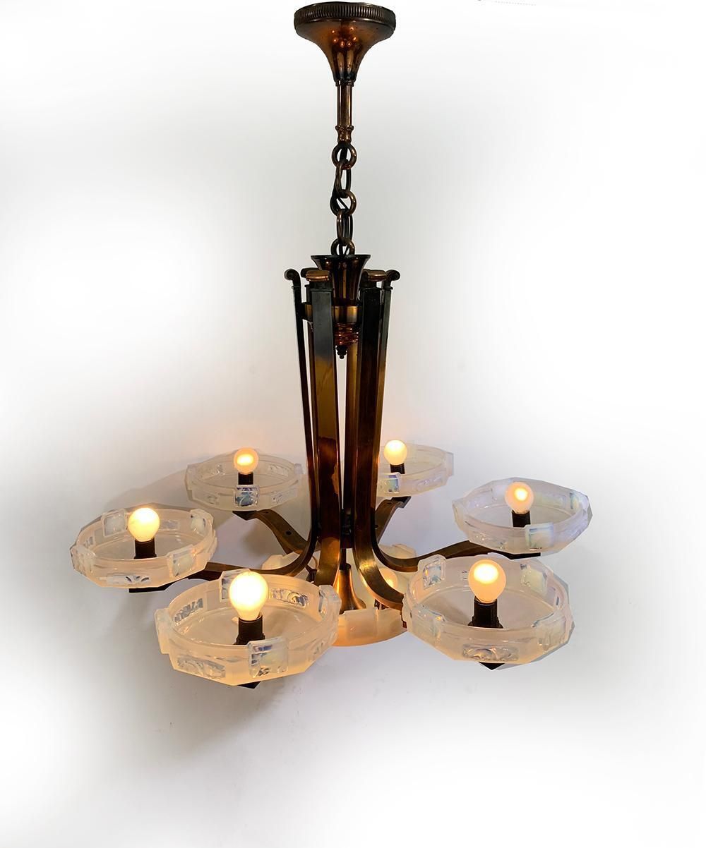 Art Deco Chandelier By Ezan With French Opalescent Glass & Copper Circa 1930 photo furniture