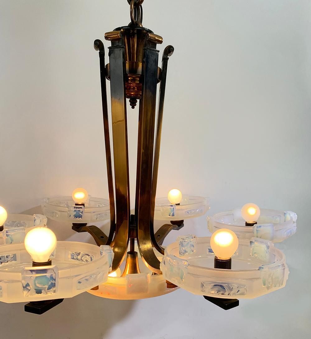 Art Deco Chandelier By Ezan With French Opalescent Glass & Copper Circa 1930 photo for sale