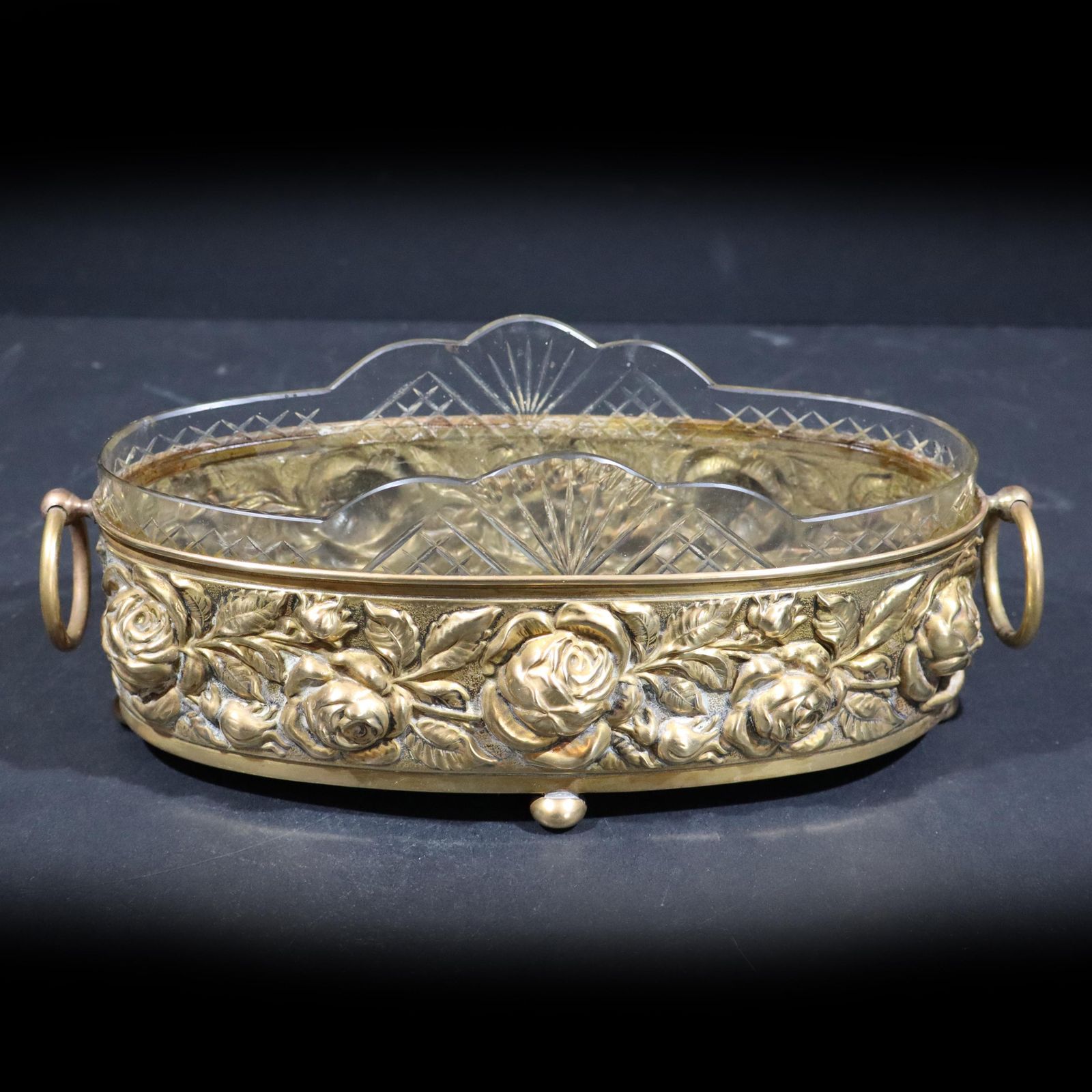 Antique French Brass & Crystal Jardiniere   Elegant Centerpiece Fruit Bowl