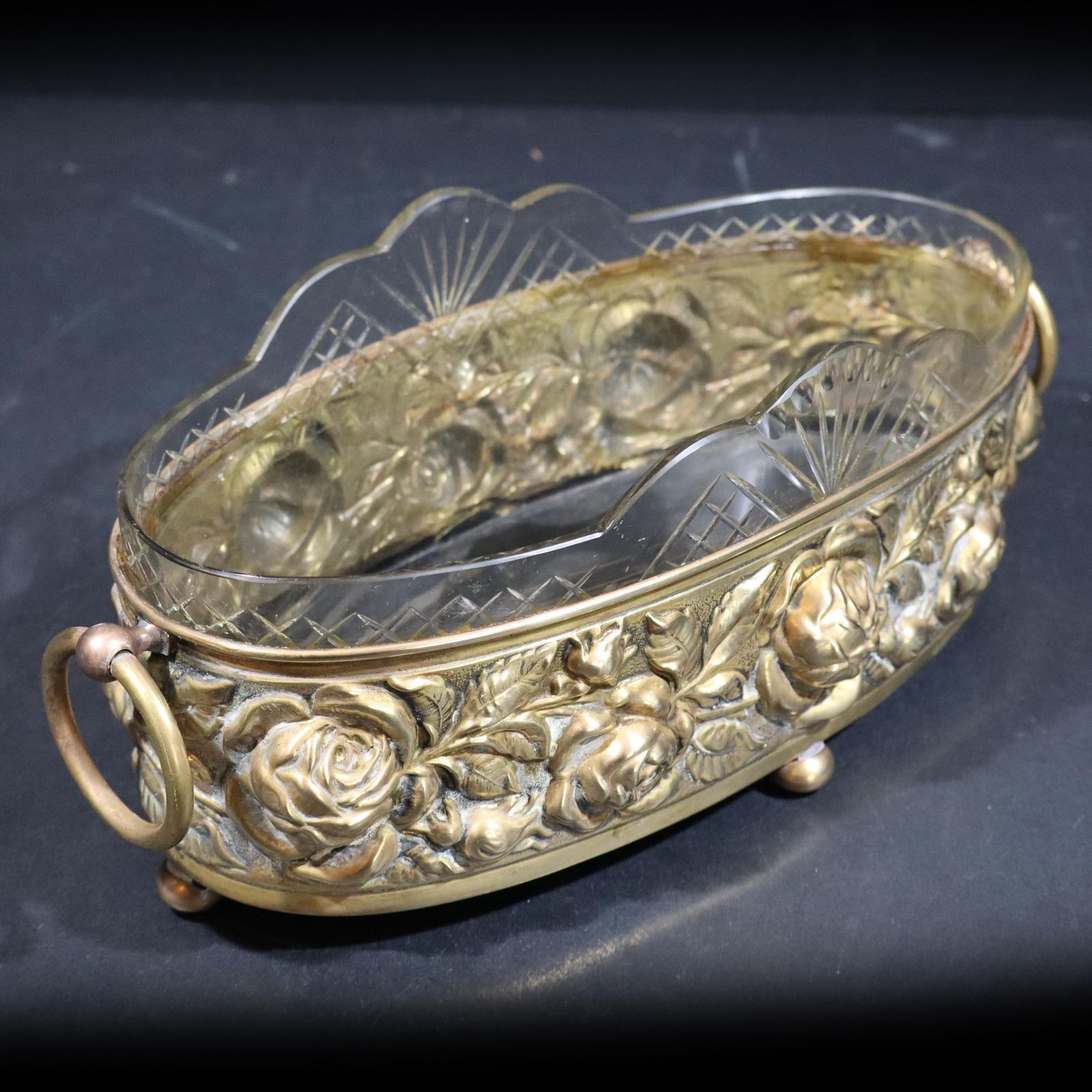 Antique French Brass & Crystal Jardiniere   Elegant Centerpiece Fruit Bowl photo buy