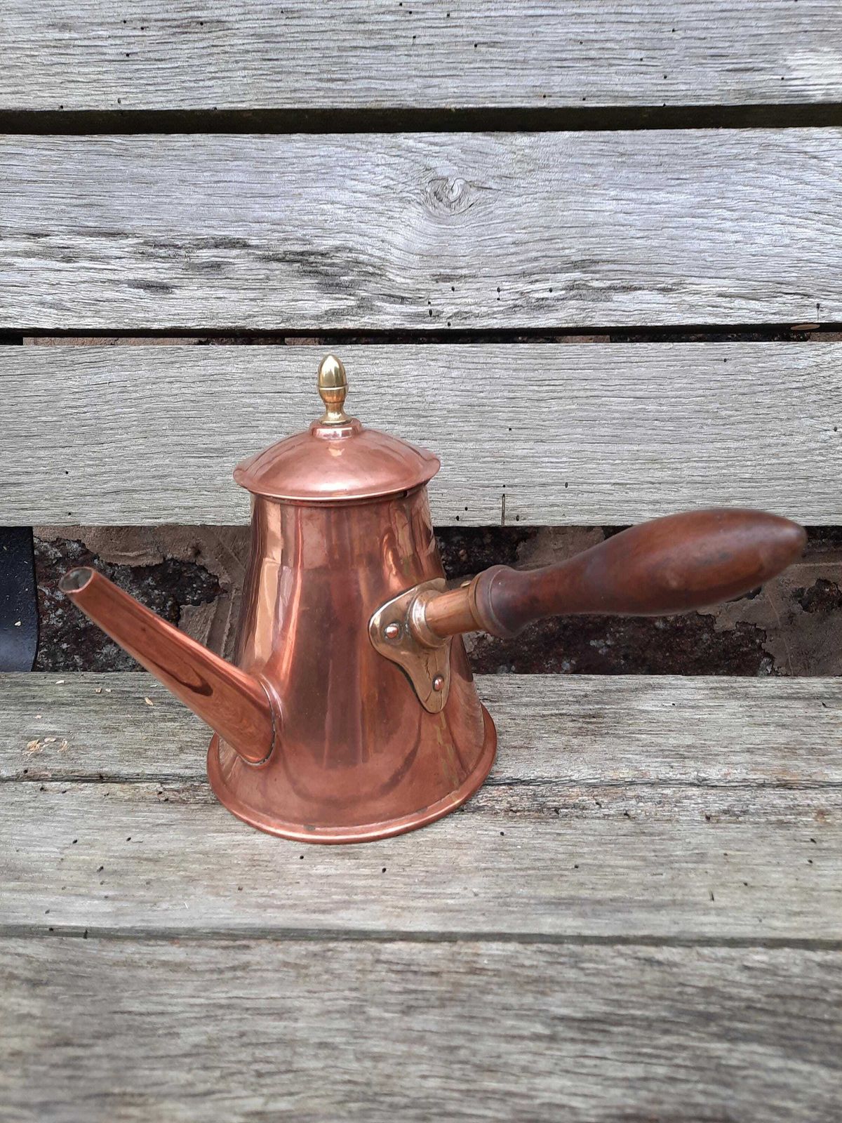 Antique French Copper Hot Chocolate Pot: Artisan Kitchen Kettle, Wood Handle