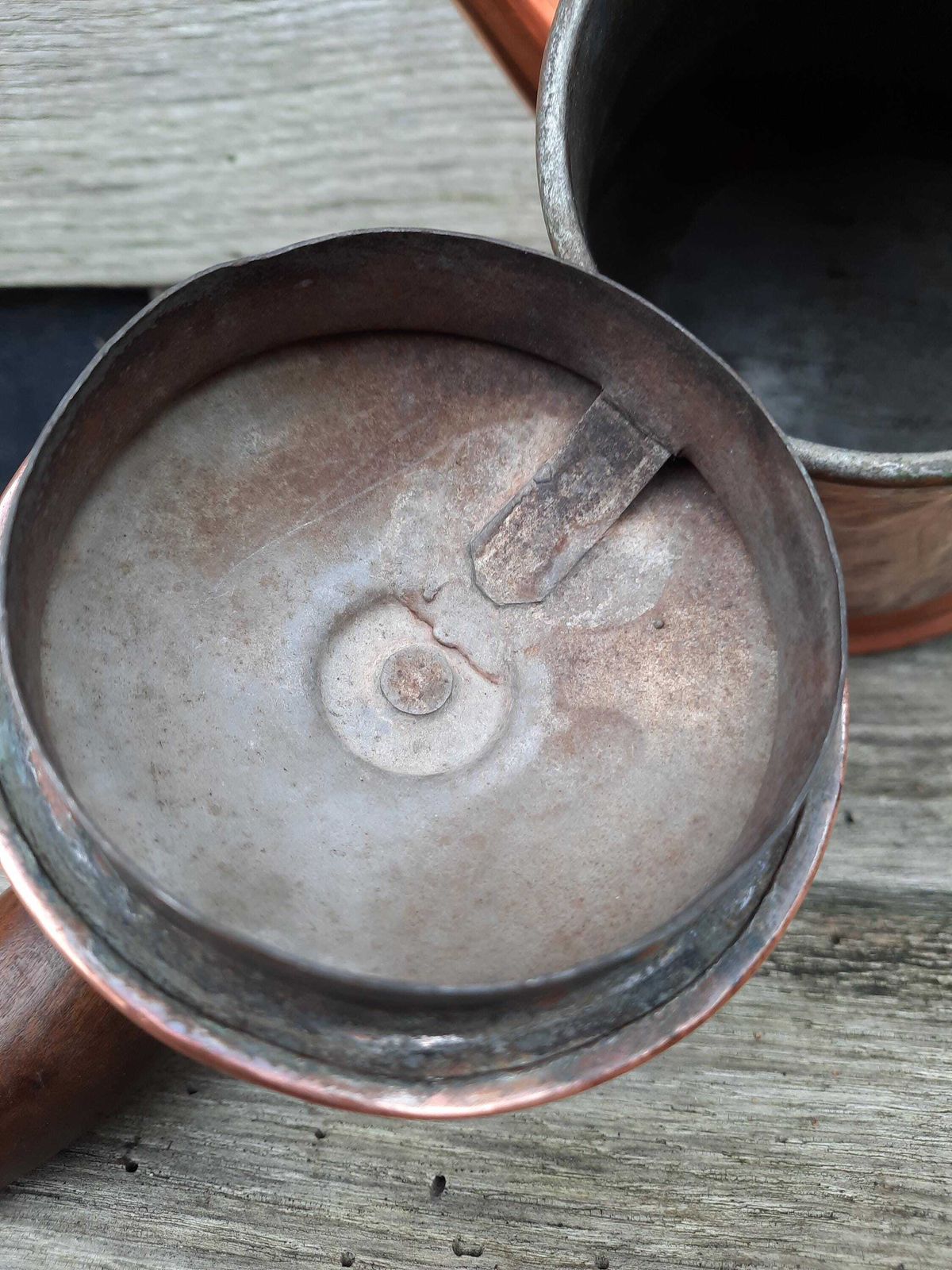 photo furniture Antique French Copper Hot Chocolate Pot: Artisan Kitchen Kettle, Wood Handle