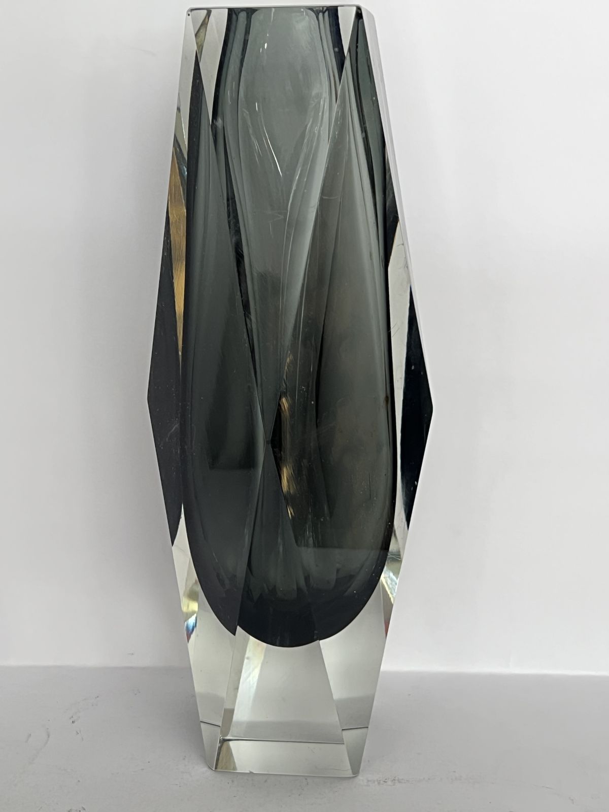 Large Murano Sommerso Faceted Vase, Smoky Grey With Clear, C. 1960s–70s photo 600.0