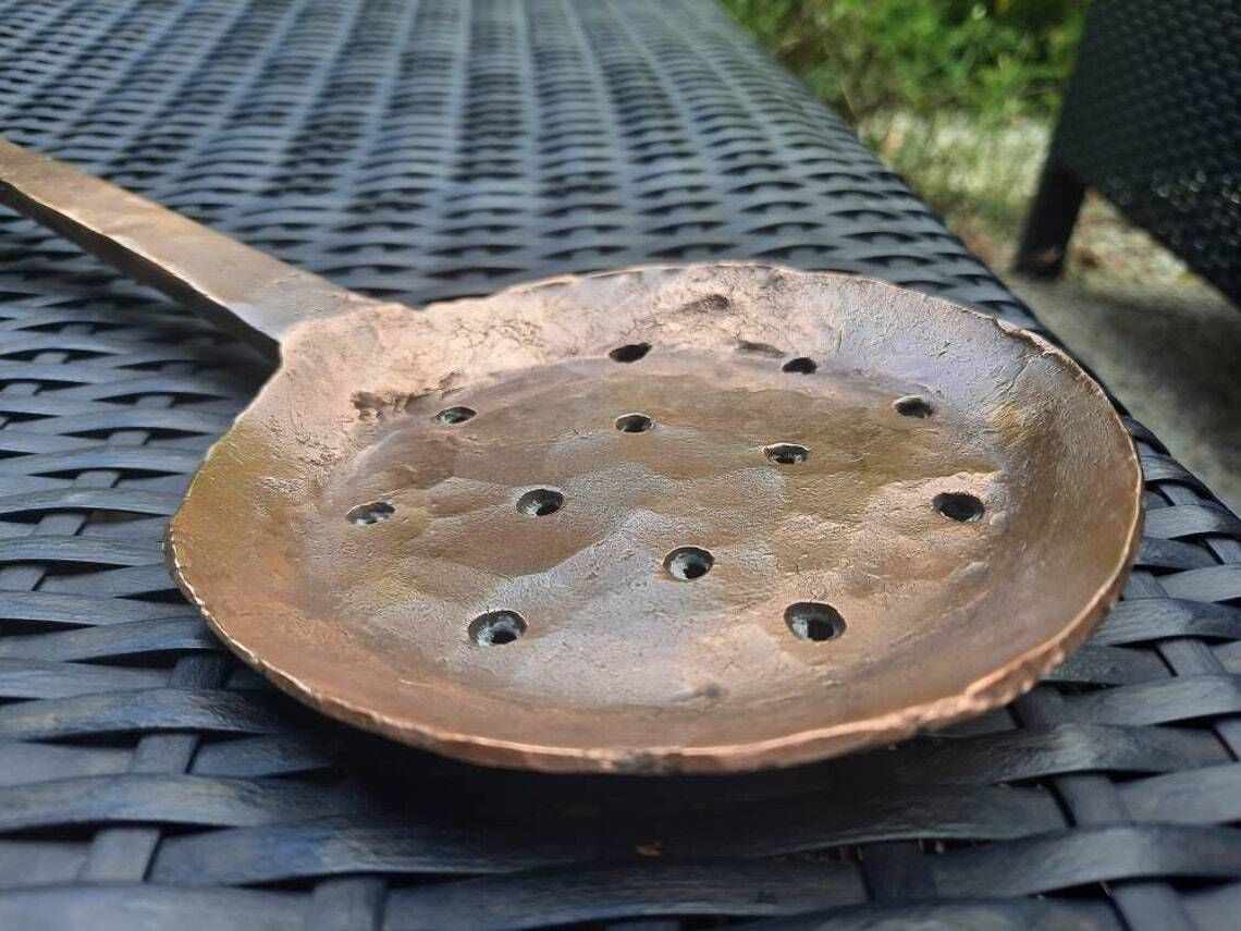 Antique French Copper Ladle: Hand Forged Colander Skimmer, 1800s Cookware photo furniture