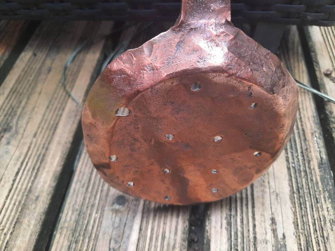 Antique French Copper Ladle: Hand Forged Colander Skimmer, 1800s Cookware photo vintage