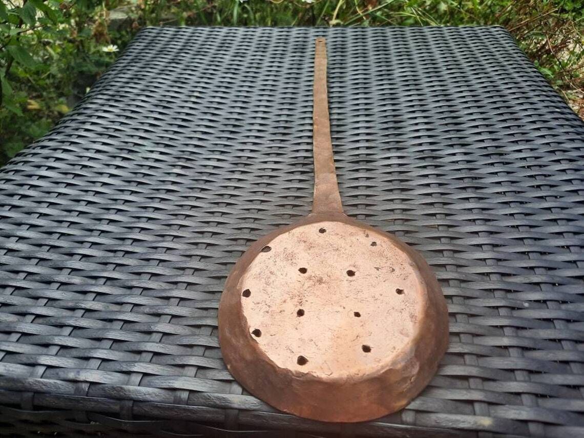 photo for sale Antique French Copper Ladle: Hand Forged Colander Skimmer, 1800s Cookware