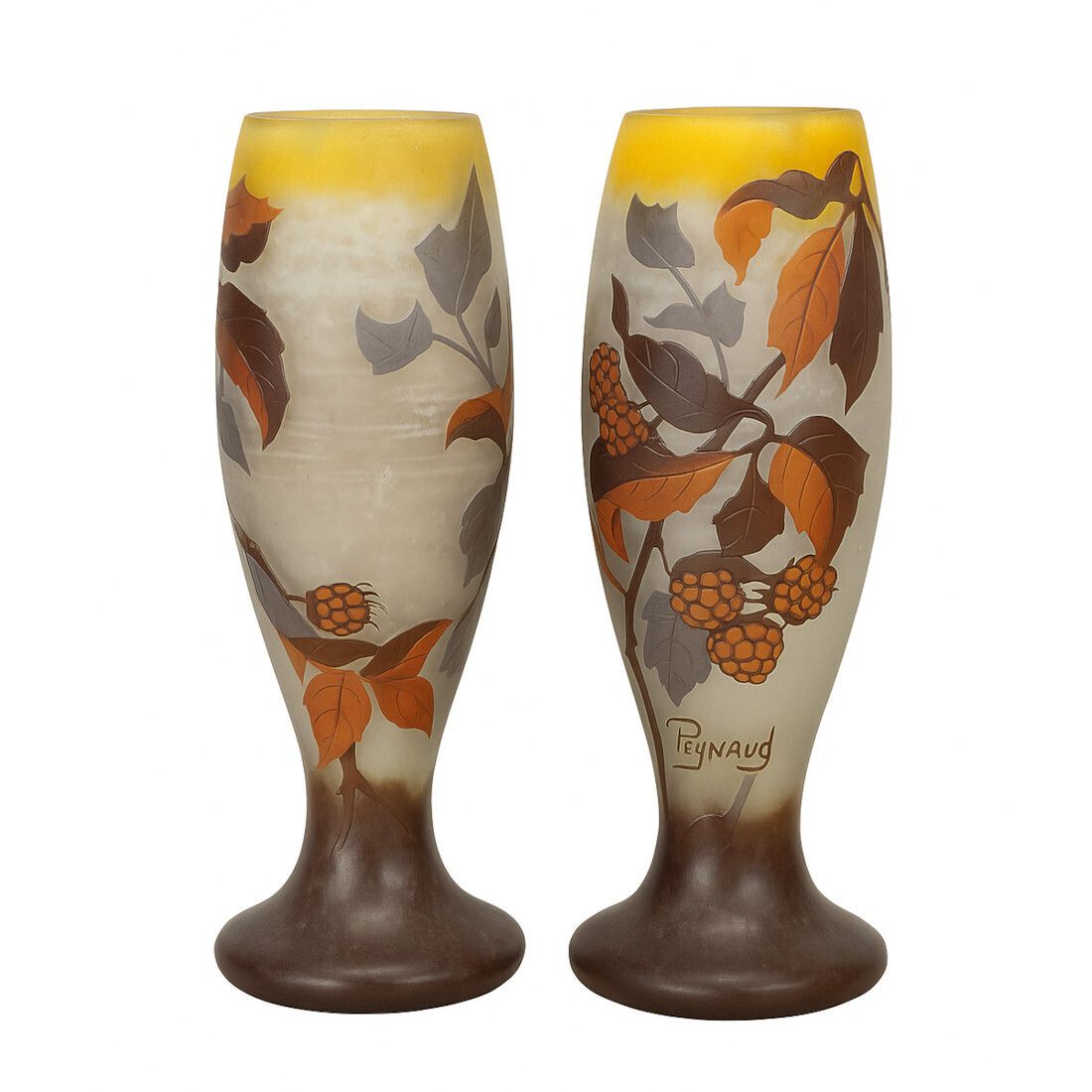Pair Of Jean Simon Peynaud Cameo Glass Vases – Autumn Berry Motif