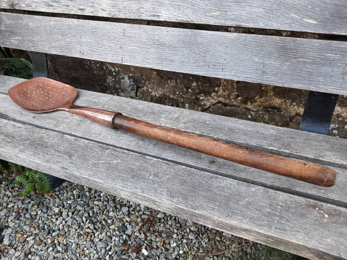 Antique French Copper Ladle: Chateau Kitchen Skimming Spoon photo vintage