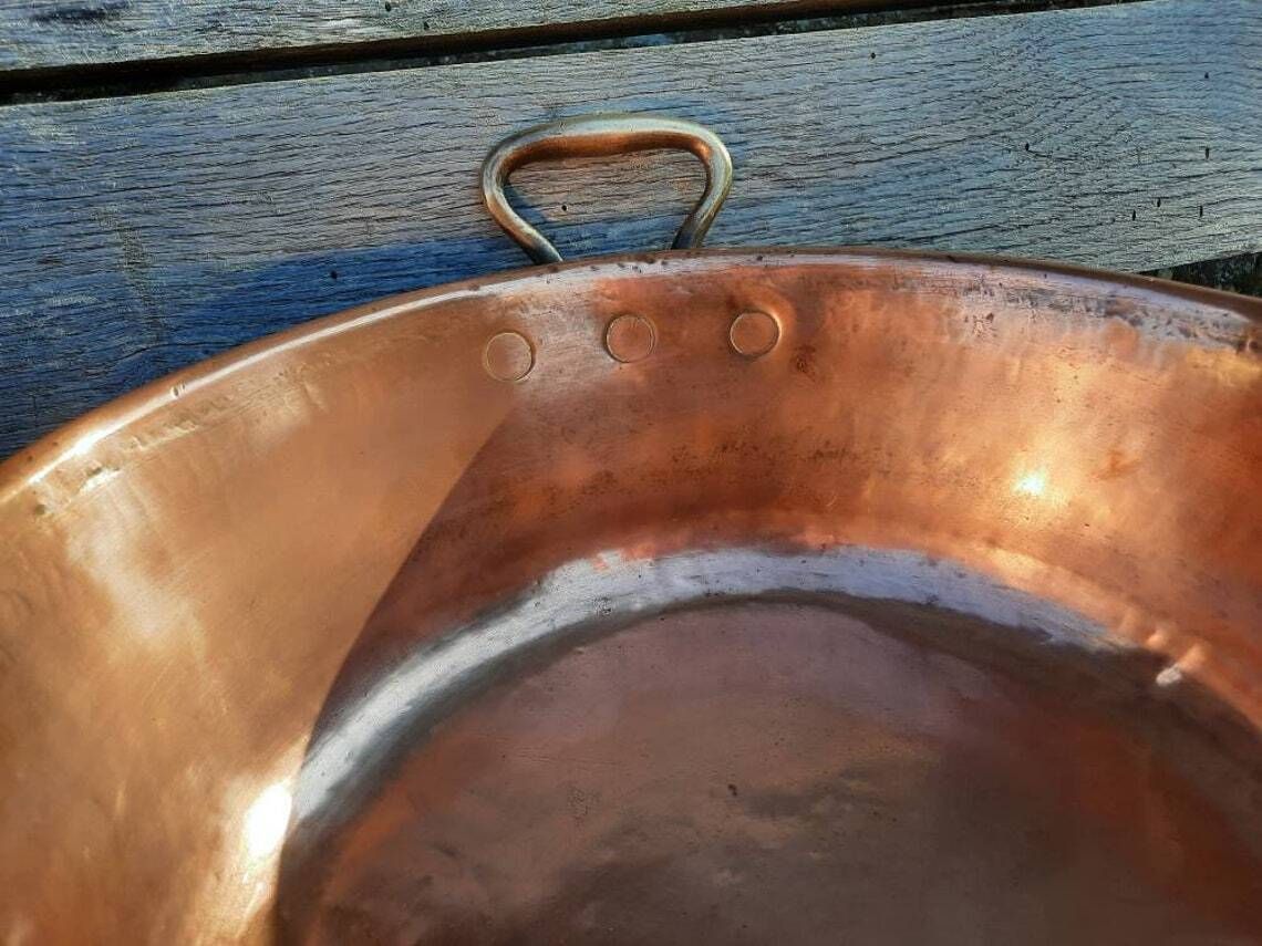 Antique Copper Jam Pan: French Confiture Bowl, Bronze Handles (32cm) photo vinterior